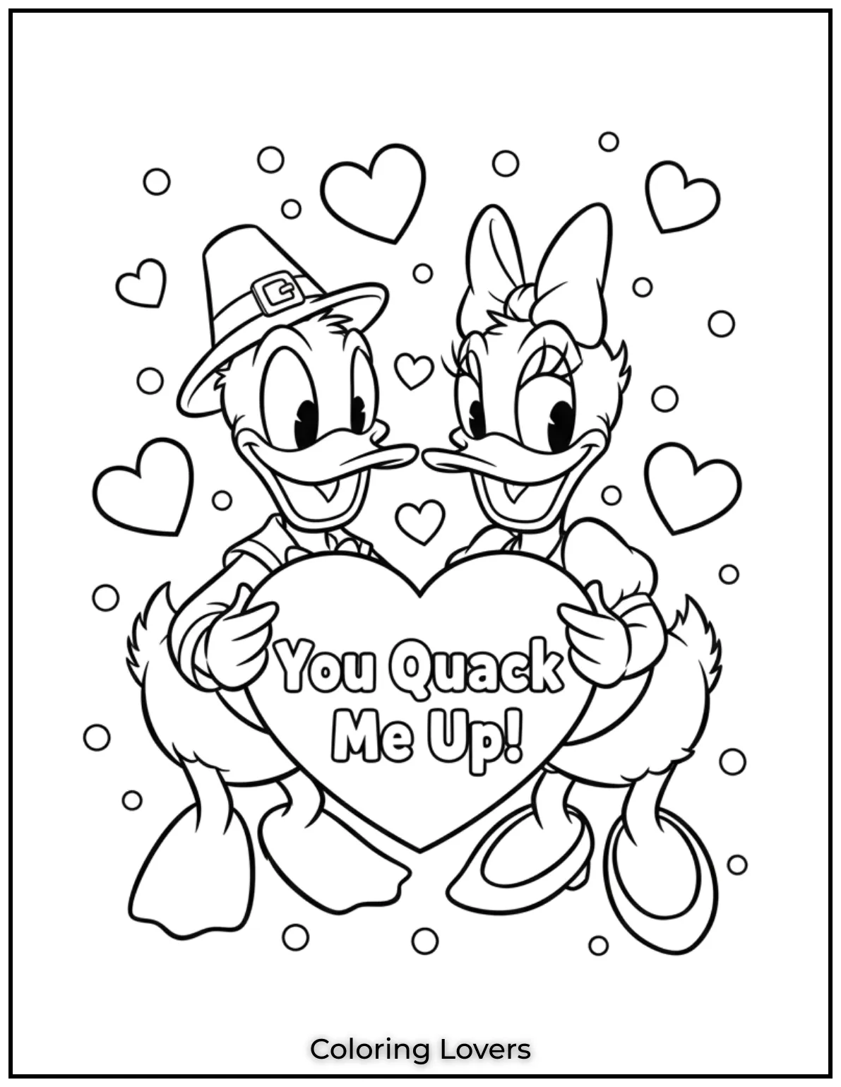 Donald and Daisy hold a heart together expressing You Quack Me Up This playful design is full of fun and Valentines cheer