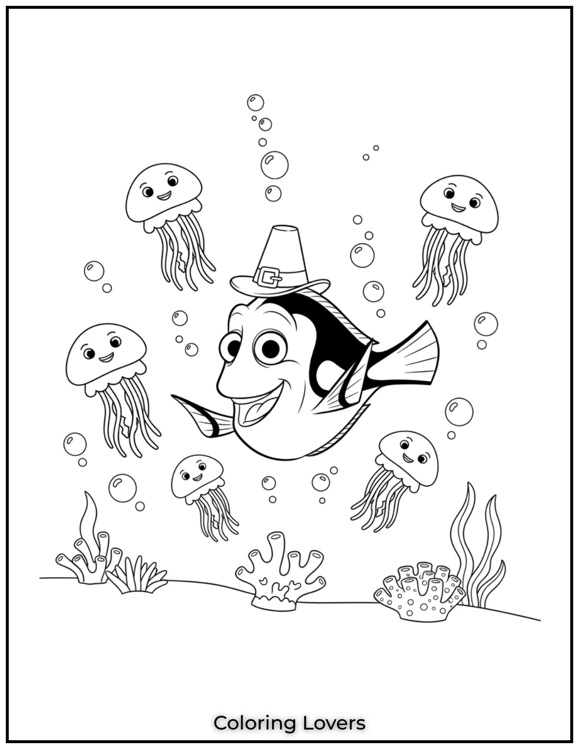 Fish Coloring Pages That Are Free to Downloads 42 Dory glides between friendly jellyfish with her joyful grin. A bubbly Finding Dory moment to color in style