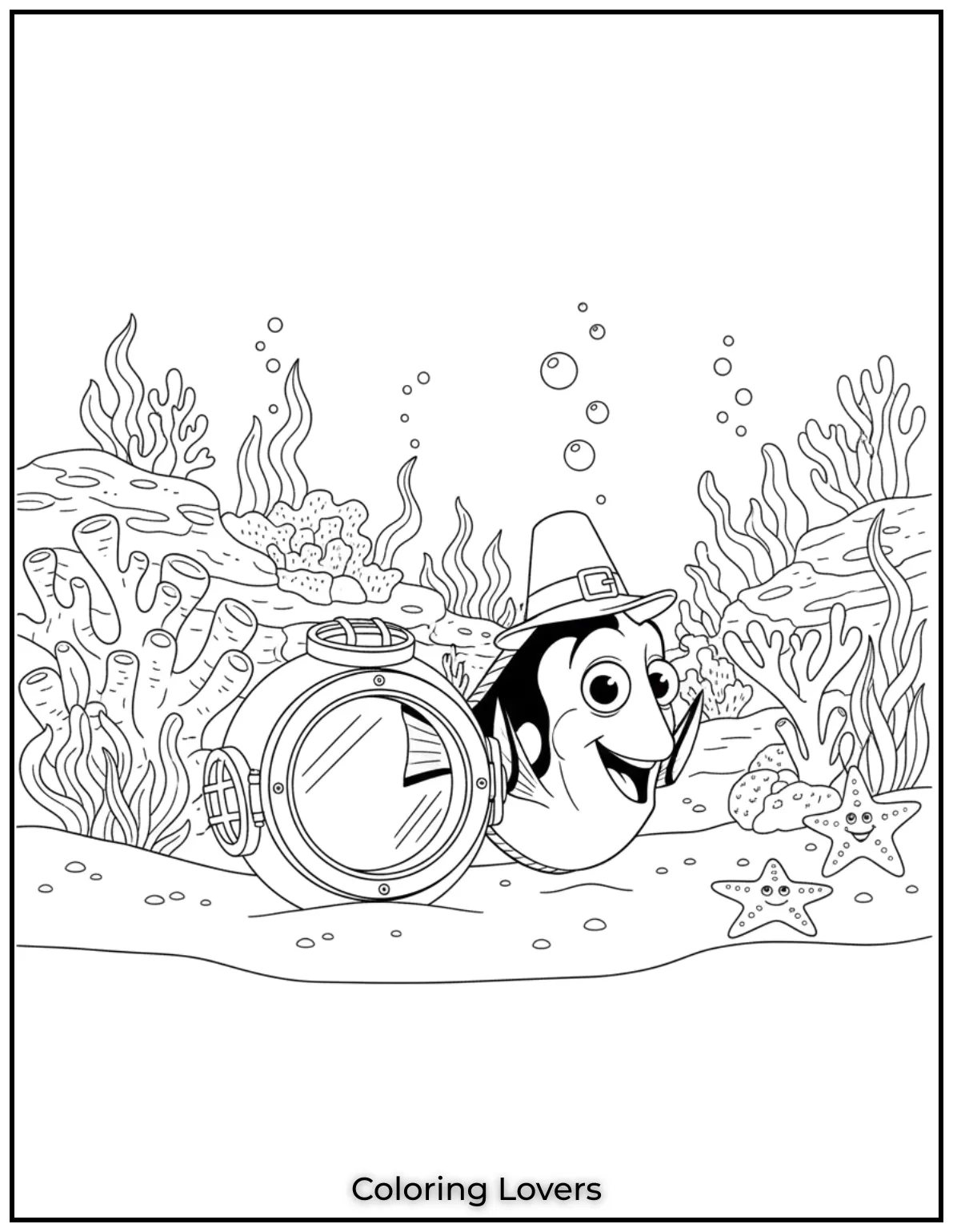 Fish Coloring Pages That Are Free to Downloads 44 Dory smiles beside a divers mask in the reef. A fun underwater setting with printable fish coloring sheets charm