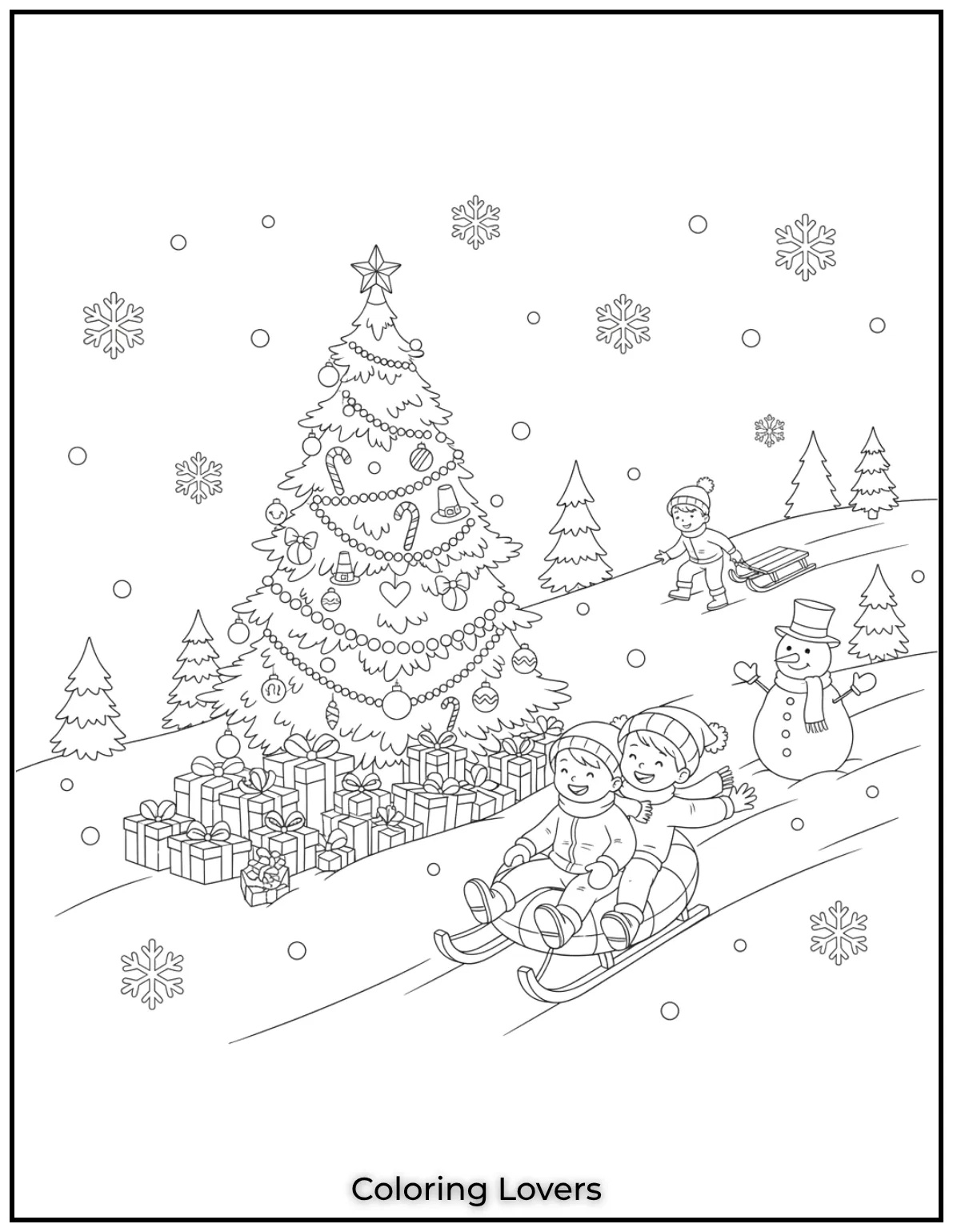 Free Printable Christmas Tree Coloring Pages 42 Drawing the excitement of kids sledding down the hill near the Christmas tree was such a joy
