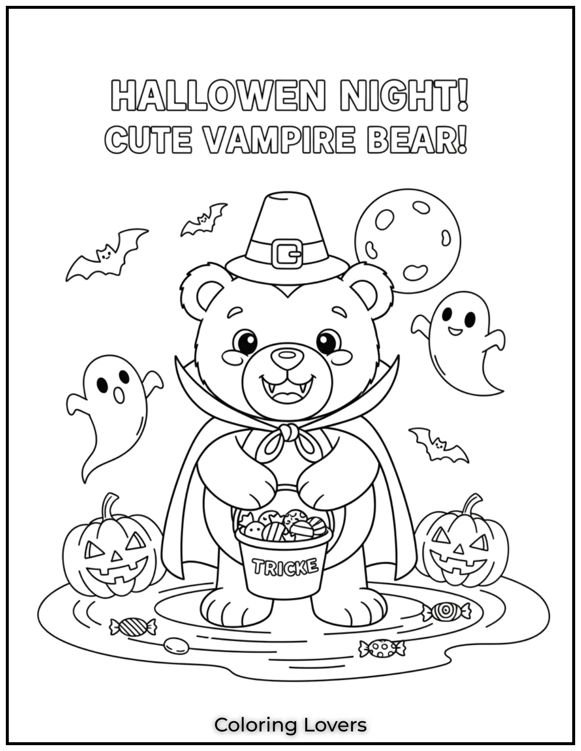 Cute and Classic Pooh Bear Coloring Pages 31 Dressed as a little vampire this teddy bear collects candies on Halloween night surrounded by ghosts and bats