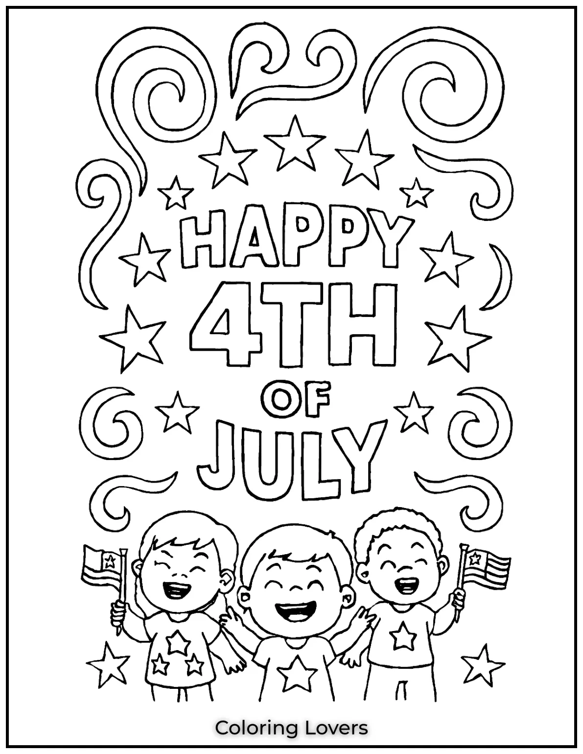 Elegant fonts and swirls frame a Happy 4th of July message with pride. Classic and fun to color for any age