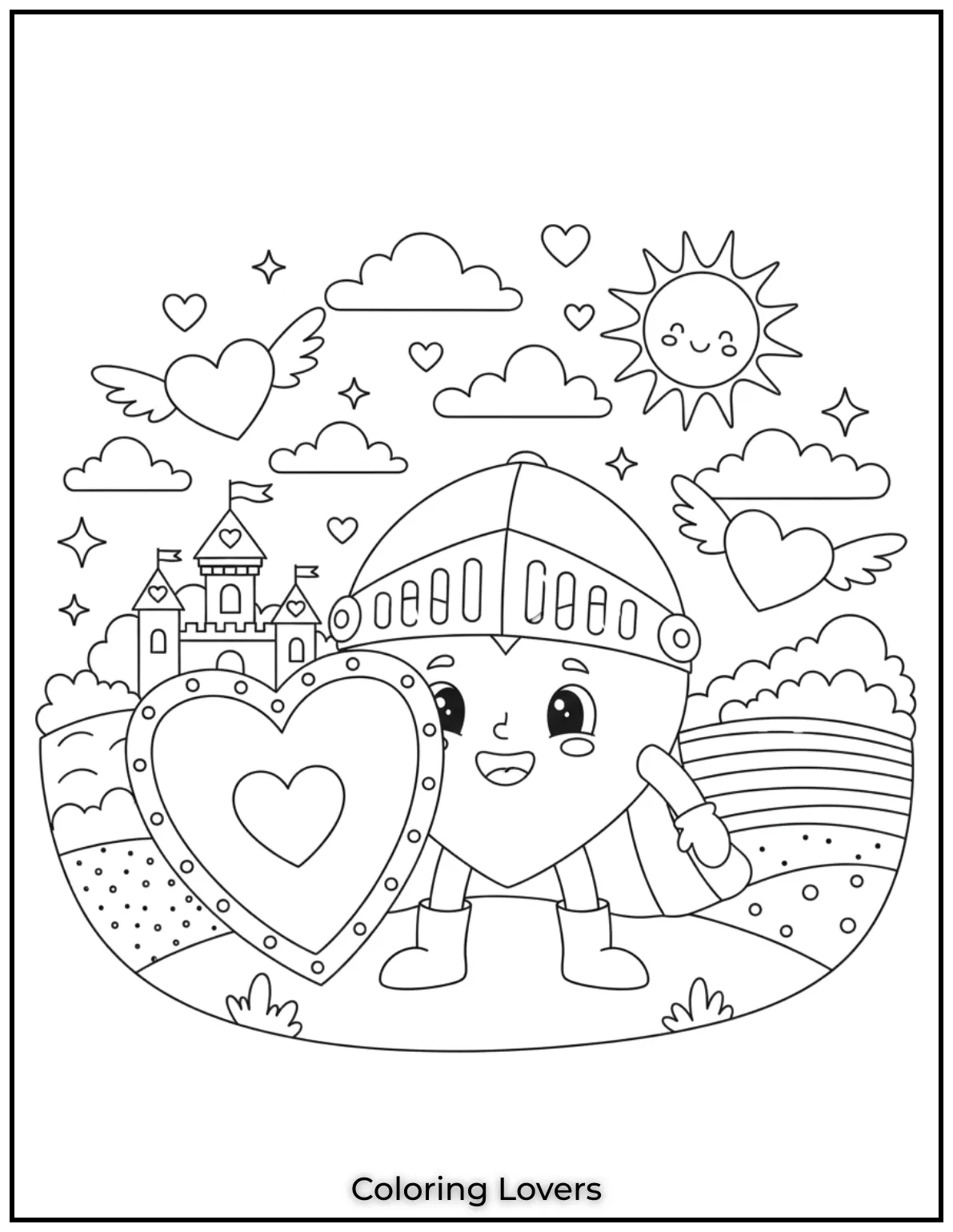 Every brave knight needs a shield of love. This medieval scene is so fun to color for all the little dreamers