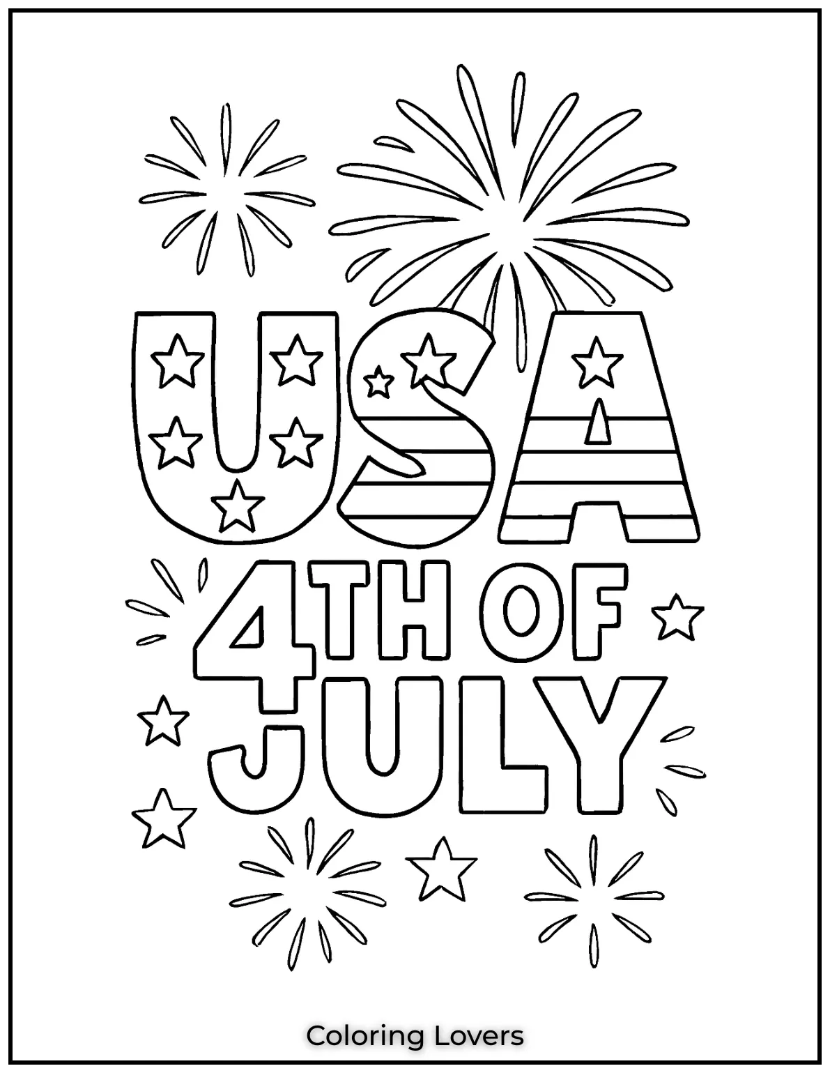 Fireworks burst behind bold letters filled with stars and stripes. We created this one for bright coloring fun