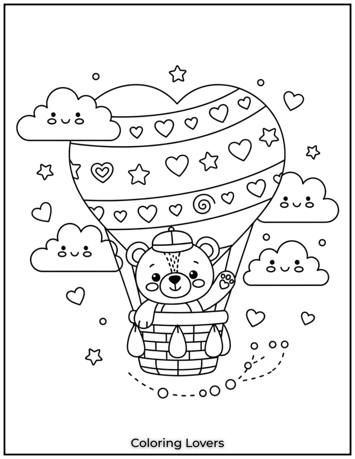 Floating through the sky in a heart shaped balloon this little bear is ready for adventure
