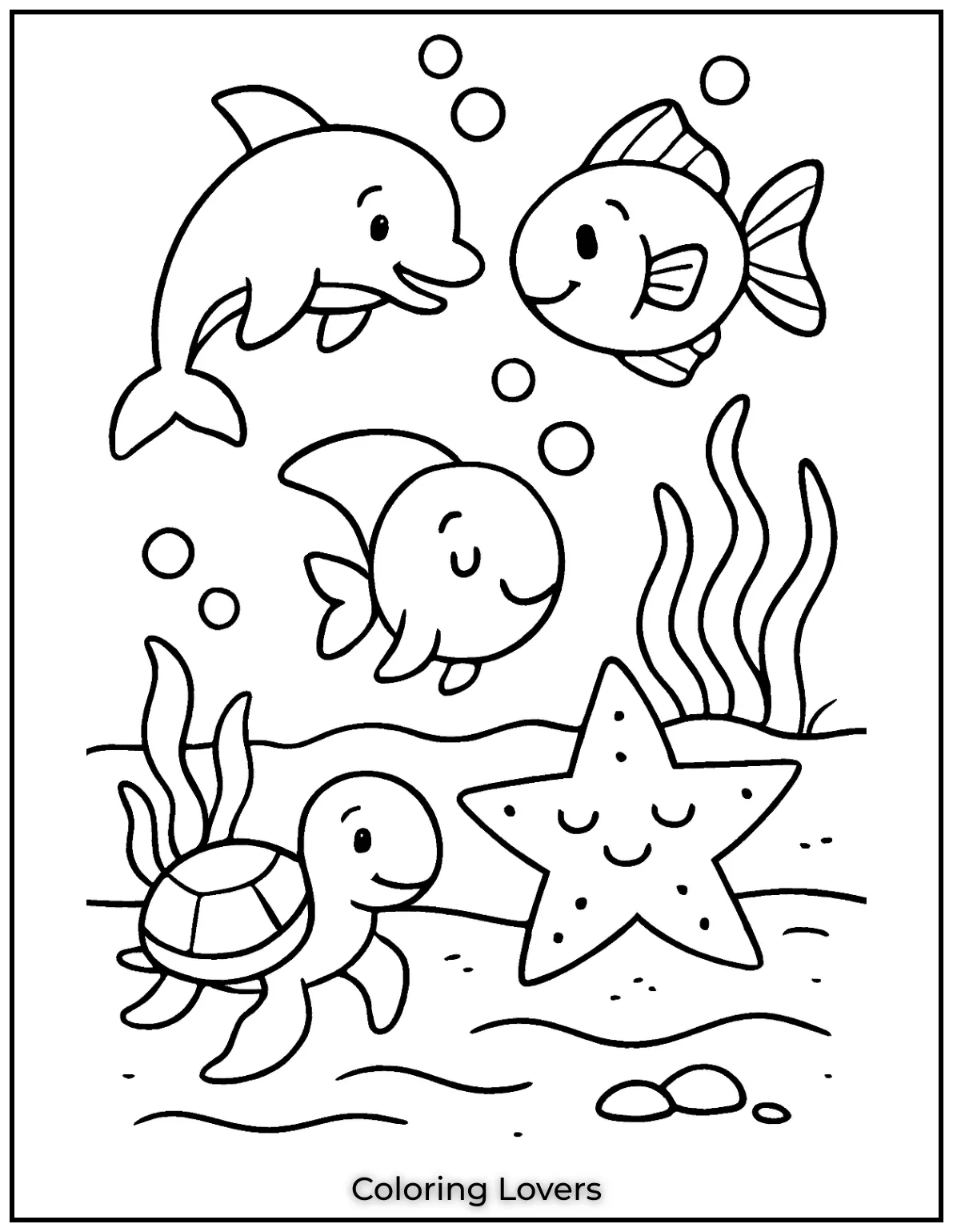 Summer Coloring Pages for Kids and Adults 21 Friendly ocean animals swimming in a bubbly underwater world