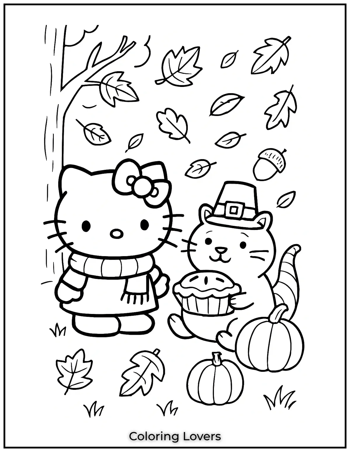 Fun and Free Cat Coloring Pages for Kids and Adults 43 Hello Kitty and her cute companion enjoy a breezy autumn day under falling leaves