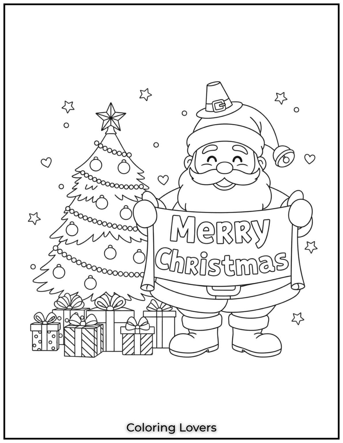 Heres Santa holding a festive scroll that says Merry Christmas. This cheerful design is perfect for holiday coloring fun 1