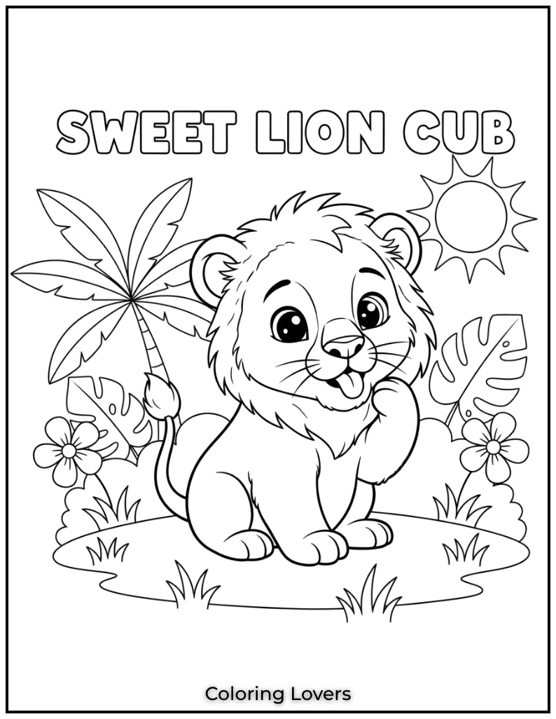 Heres a sweet little lion cub giving his paw a gentle lick such a fun and simple scene to color