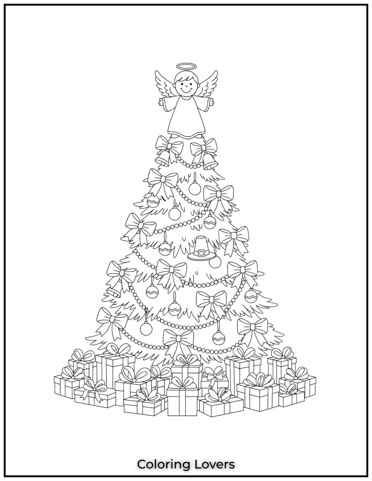 Free Printable Christmas Tree Coloring Pages 33 I had so much fun adding all the little bows and bells to this Christmas tree with an angel perched on top