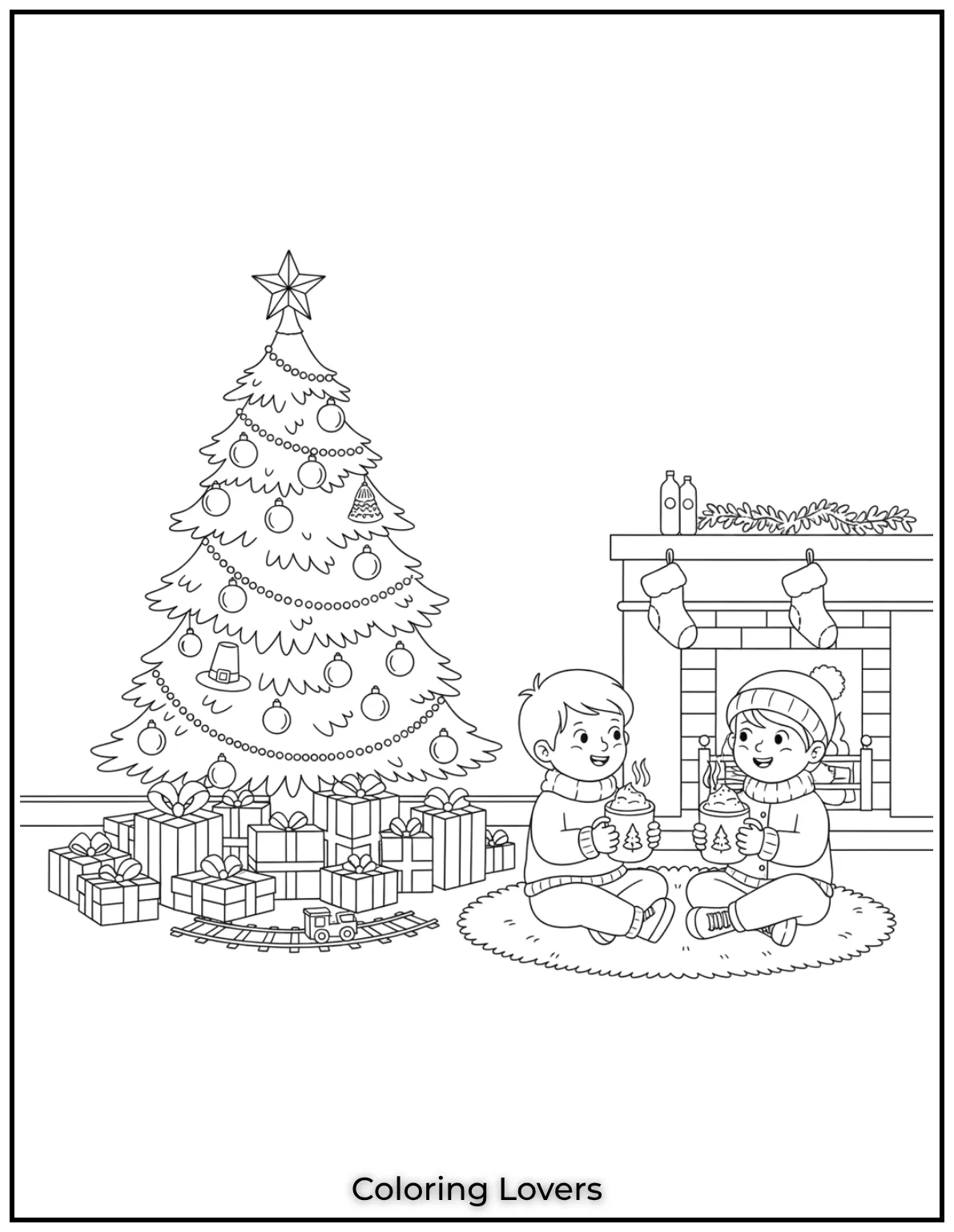 Free Printable Christmas Tree Coloring Pages 39 I loved drawing these little ones sipping hot chocolate by the Christmas tree