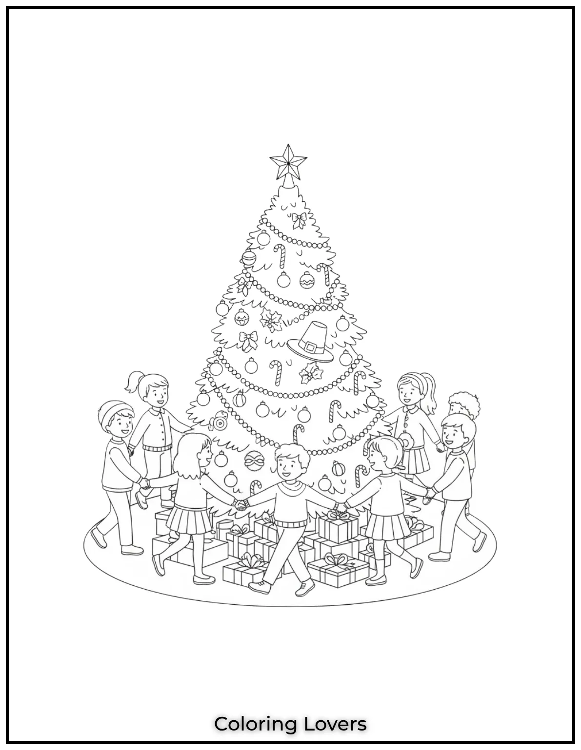 Free Printable Christmas Tree Coloring Pages 45 I loved drawing this sweet scene of children holding hands around a beautifully decorated Christmas tree
