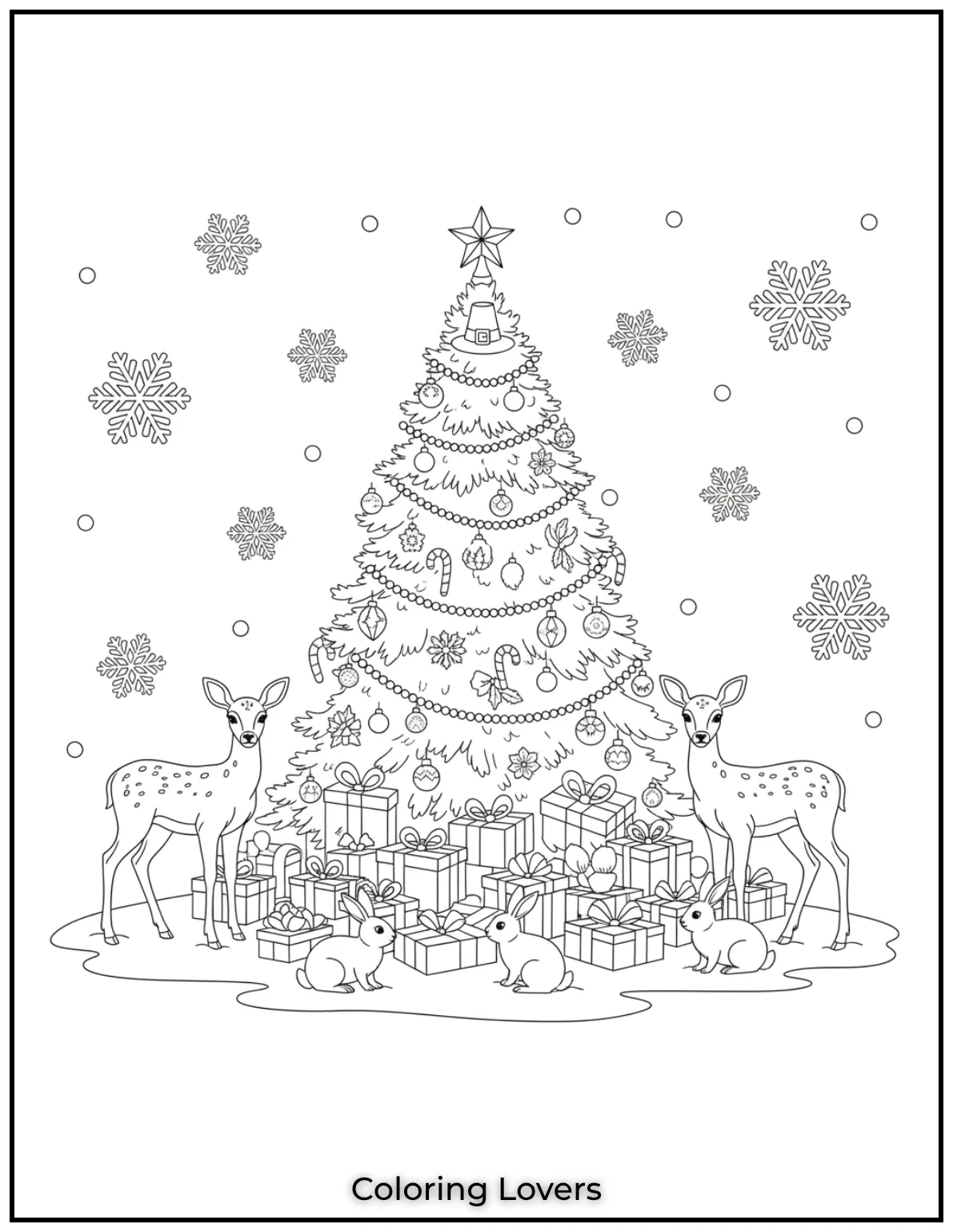 Free Printable Christmas Tree Coloring Pages 34 I wanted this page to feel like a quiet winters night with deer and rabbits gathered around the Christmas tree