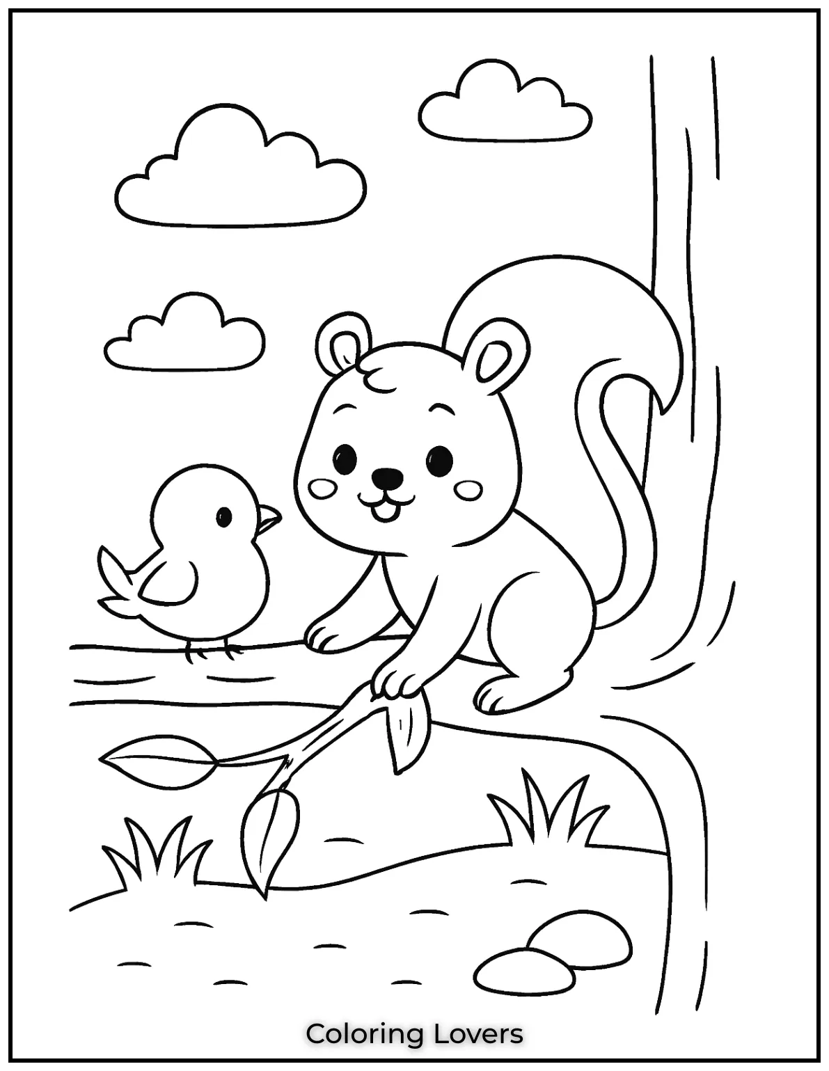 In this peaceful scene a squirrel and bird share a quiet moment on a tree branch. This is a perfect squirrel coloring page for kids who love nature