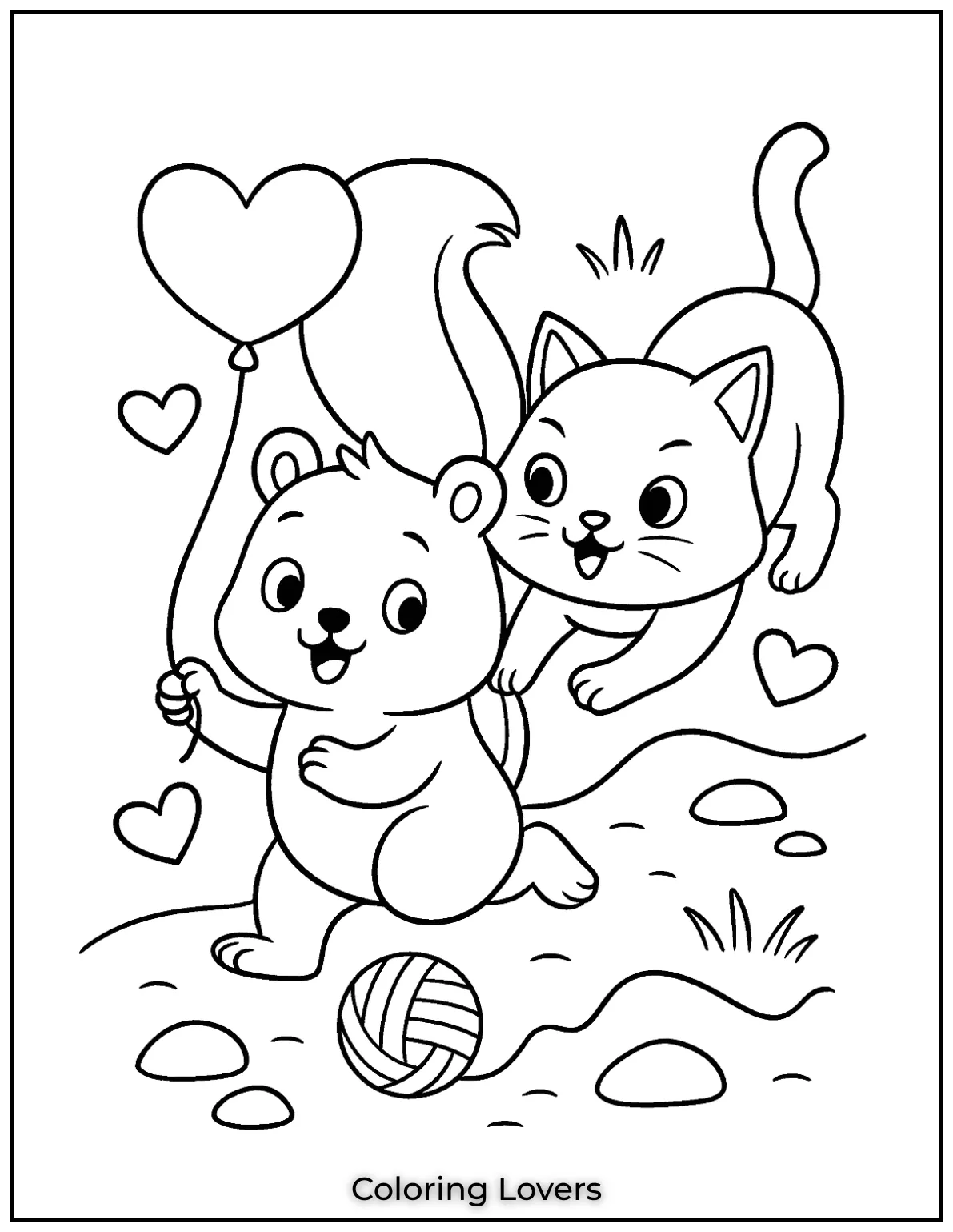 In this playful scene a curious squirrel and a mischievous cat are chasing after a ball of yarn