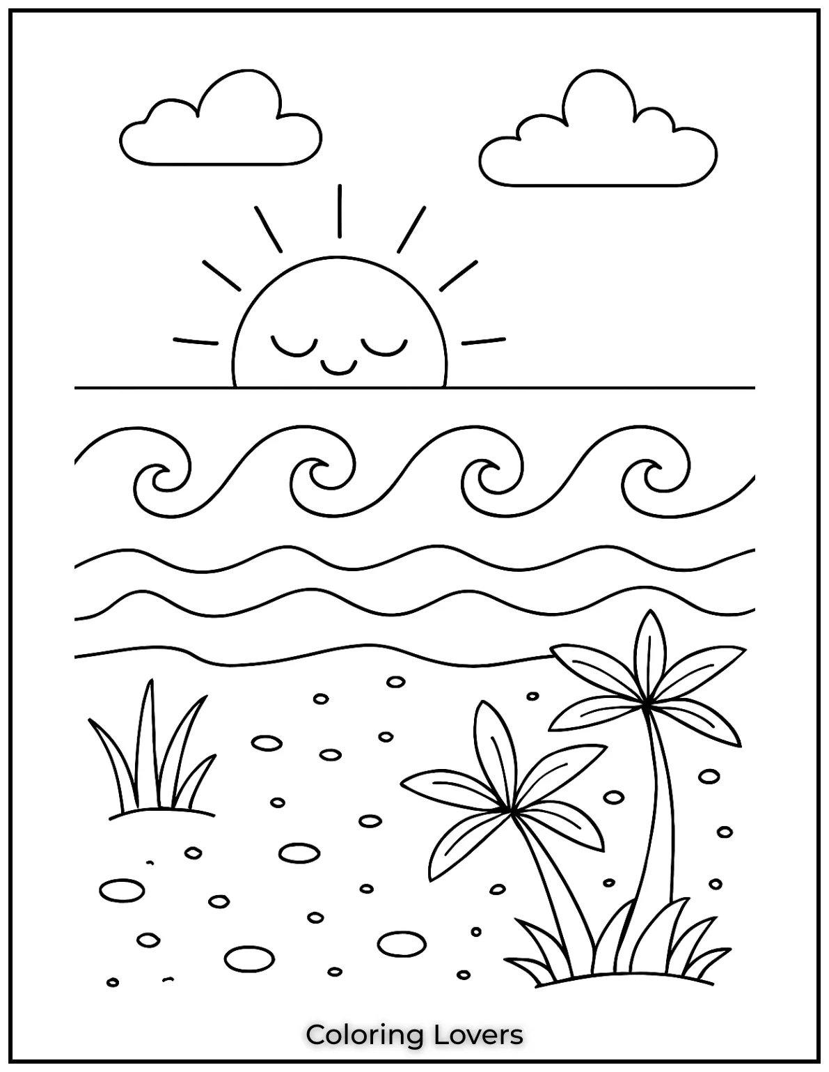 Summer Coloring Pages for Kids and Adults 22 Joyful seaside morning with warm sunshine and gentle waves