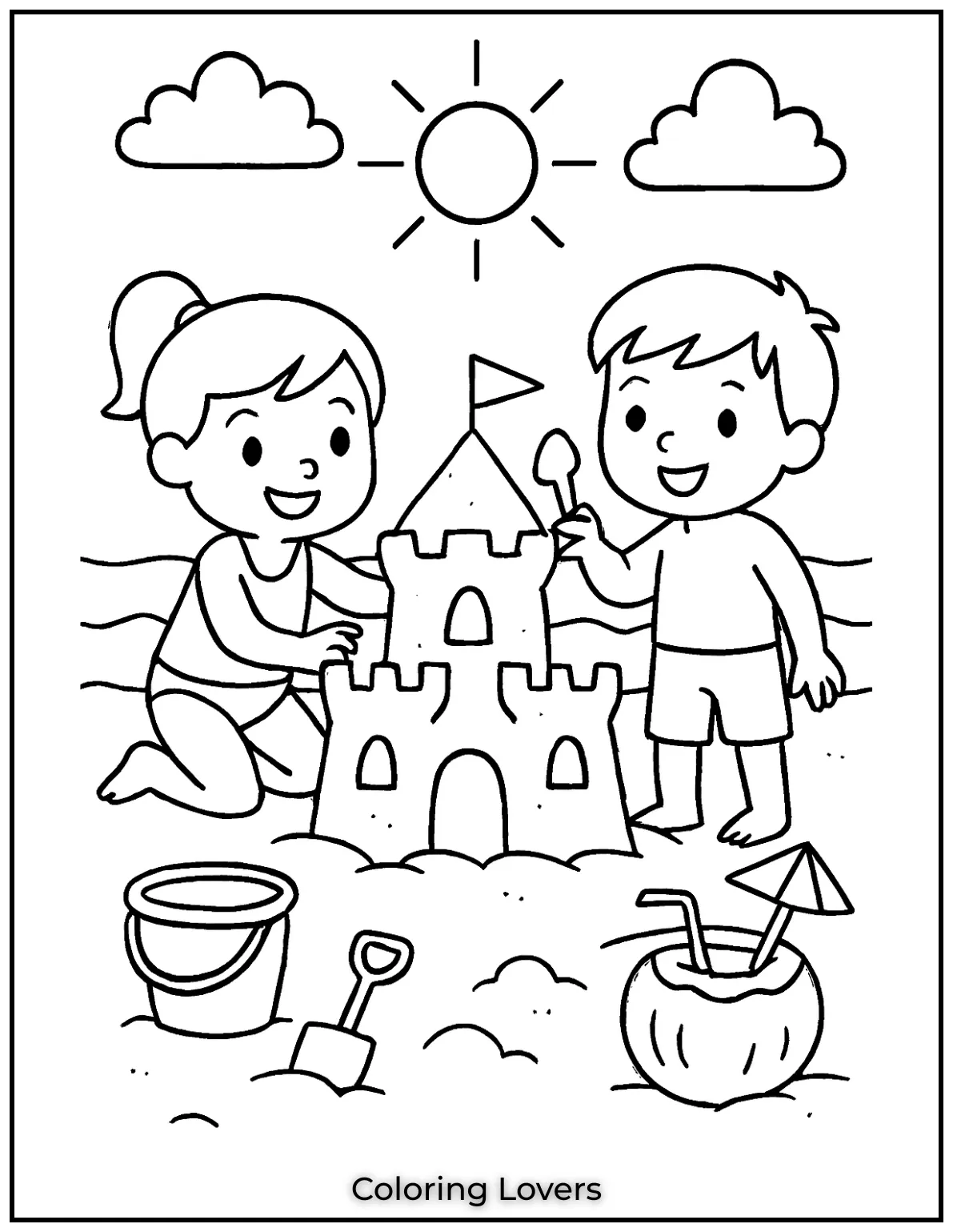 Summer Coloring Pages for Kids and Adults 16 Kids enjoying the beach and building a giant sand castle