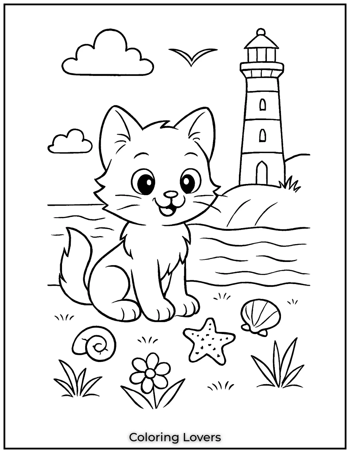 Kitten Coloring Pages – Free, Fun for Kids 17 Kitten on a beach with a lighthouse in the background