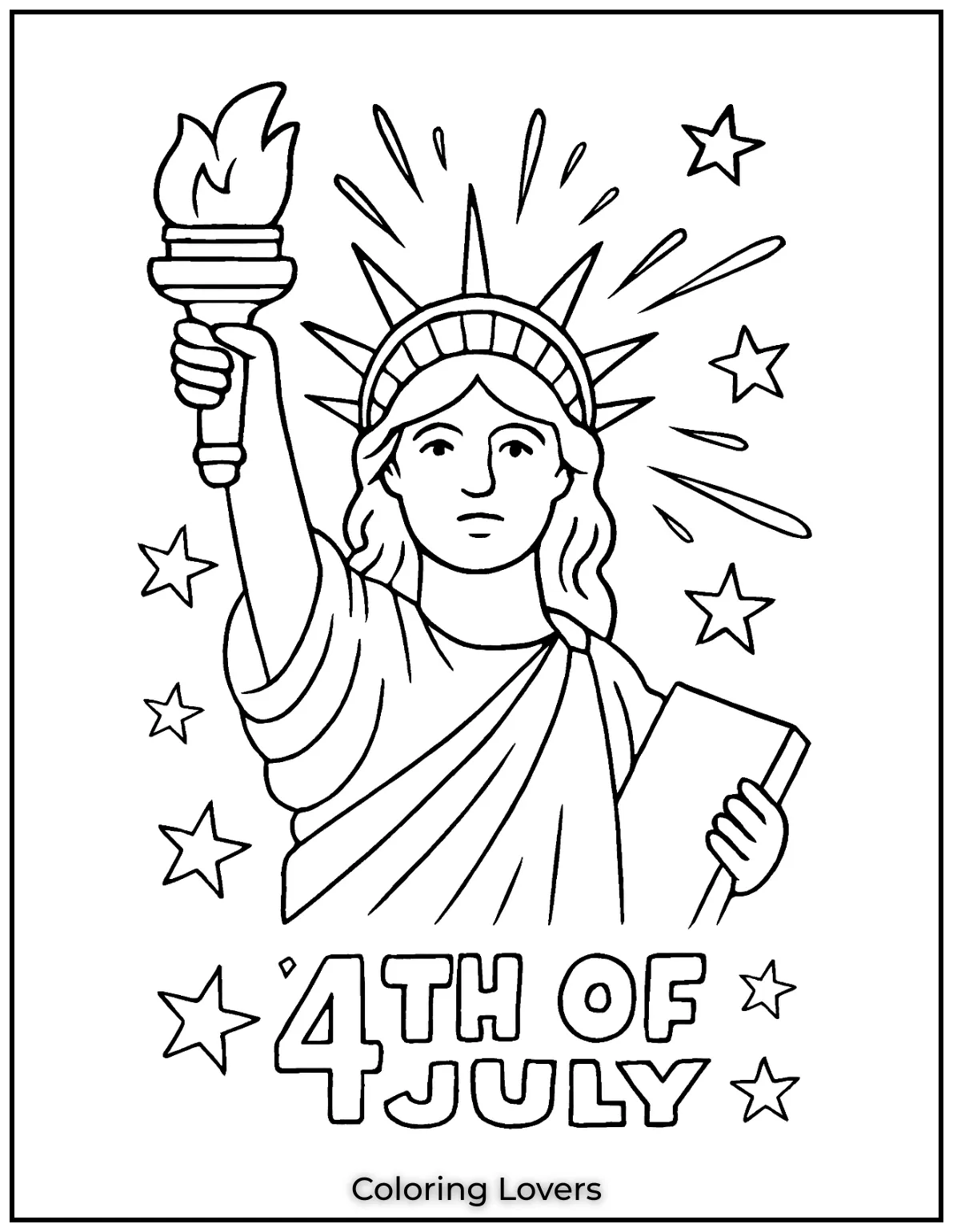 Lady Liberty lifts her torch high in this bold design. You can print this 4th of July coloring page at home just like the others
