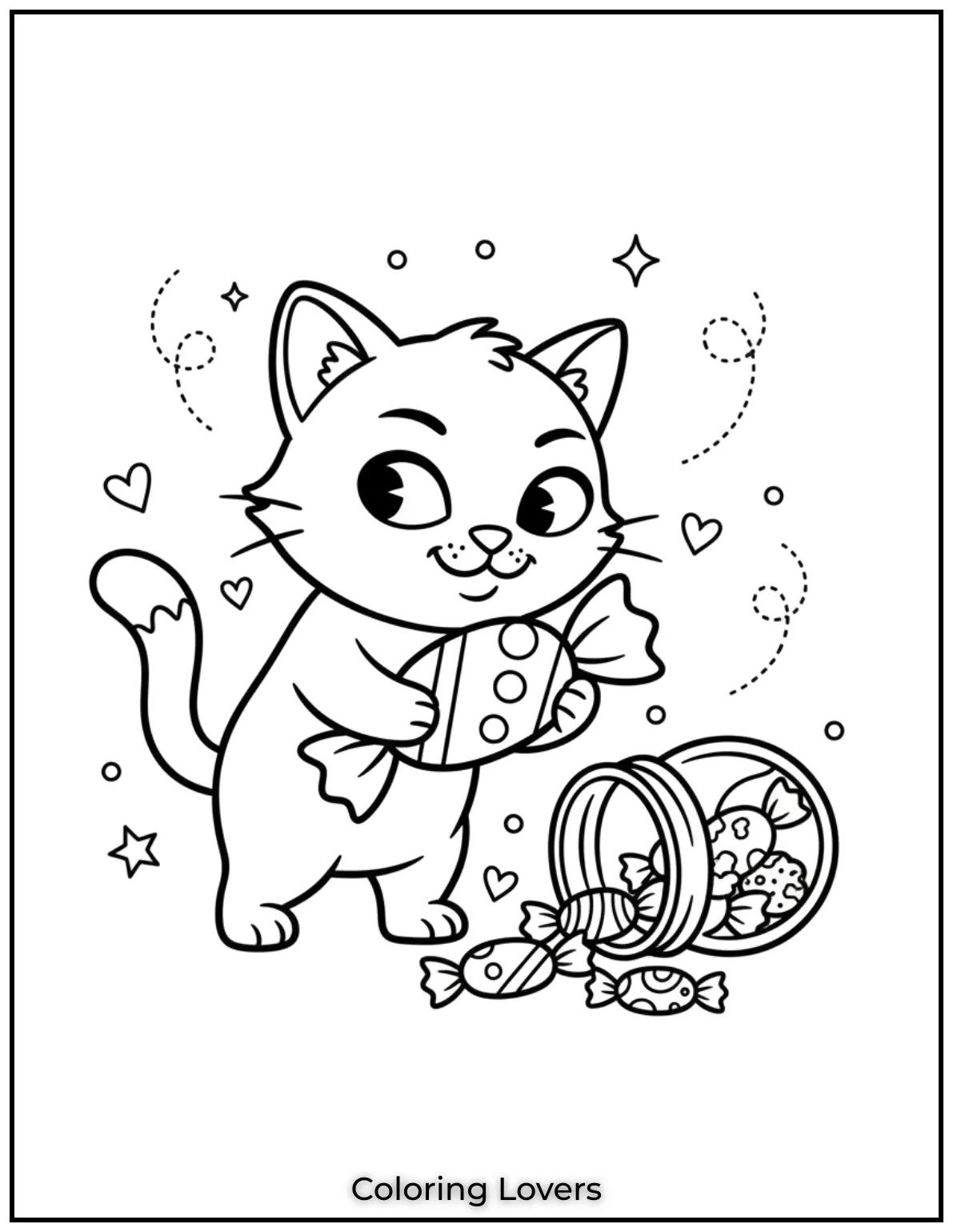 Look at this mischievous cat sneaking a candy A playful sheet that kids will adore coloring