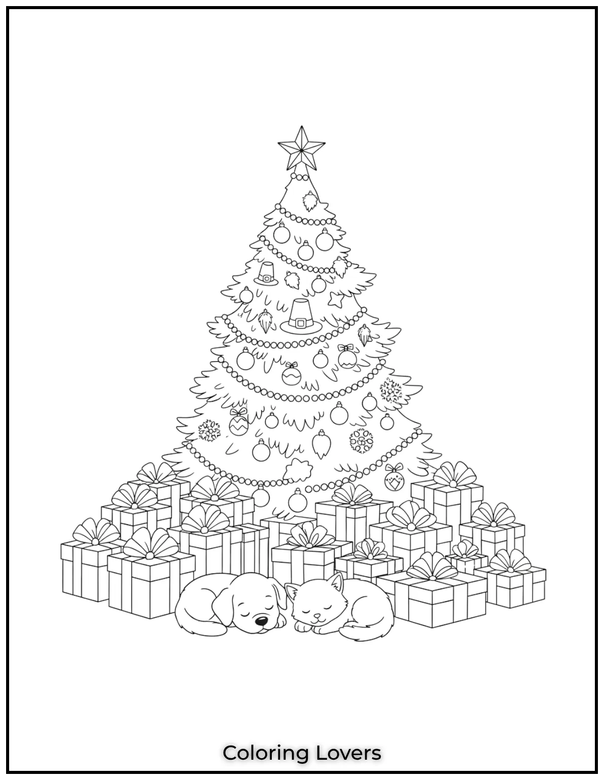 Free Printable Christmas Tree Coloring Pages 47 Nothing says cozy Christmas like a sleeping puppy and kitten under the tree