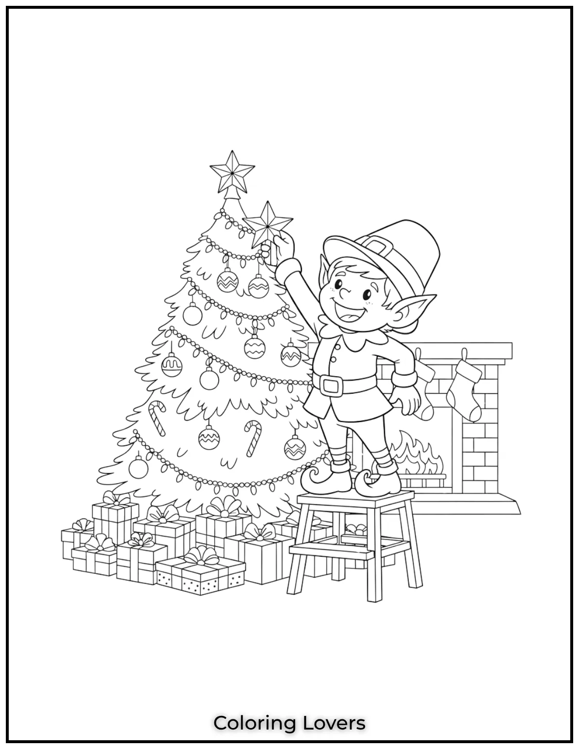 Free Printable Christmas Tree Coloring Pages 10 Our cheerful elf is adding the finishing touches to the tree