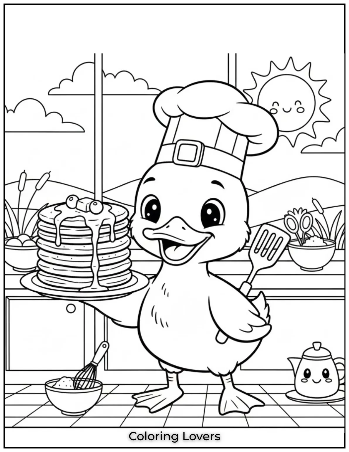 Duck Coloring Pages That Kids Like the Most 23 Our chef duck has a stack of delicious pancakes ready. A tasty scene for kids to color with creativity