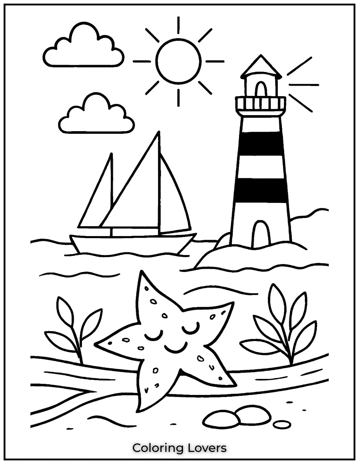 Summer Coloring Pages for Kids and Adults 20 Peaceful waters a sailboat and a shining lighthouse.waters a sailboat and a shining lighthouse