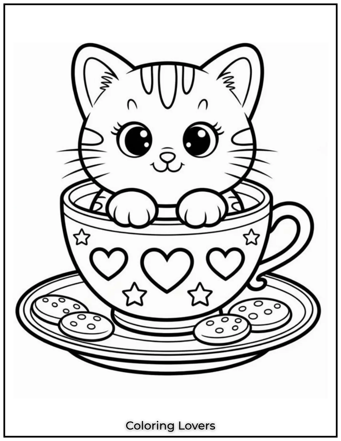 Fun and Free Cat Coloring Pages for Kids and Adults 6 Peek a boo This tiny cat fits perfectly in a teacup bringing a dash of sweetness to your day