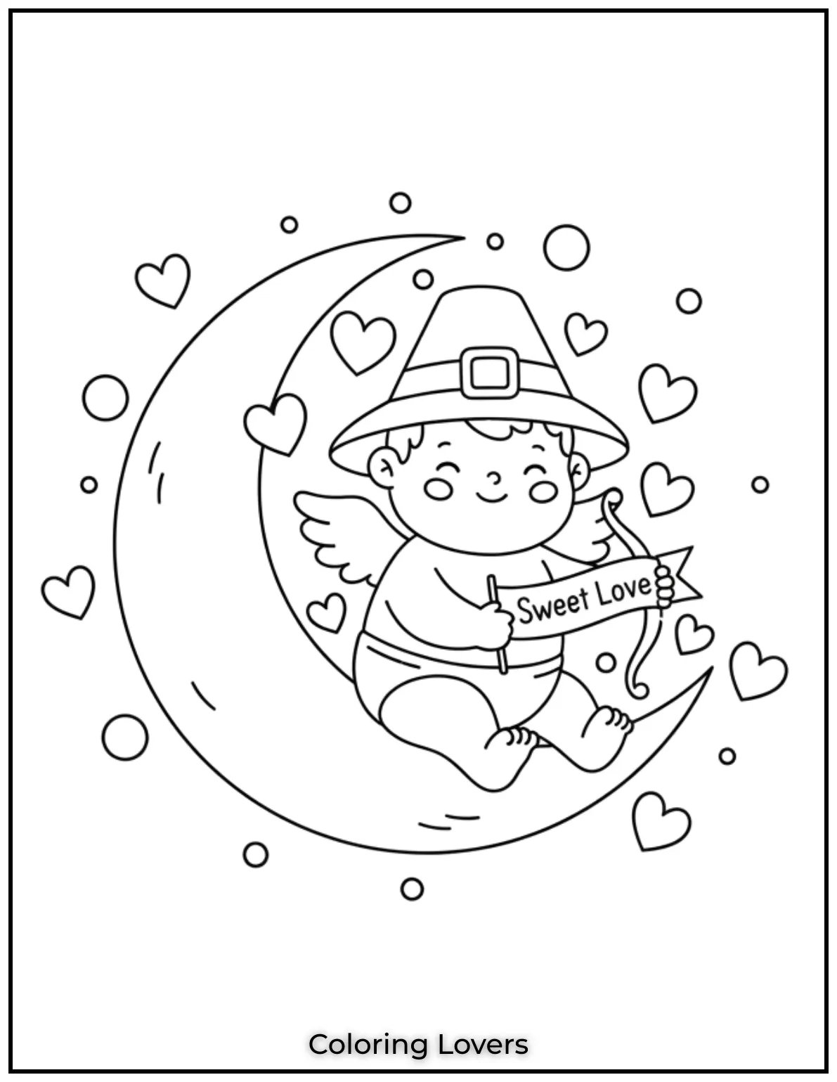 Perched on a crescent moon this cherub celebrates with the sweetest message Sweet Love