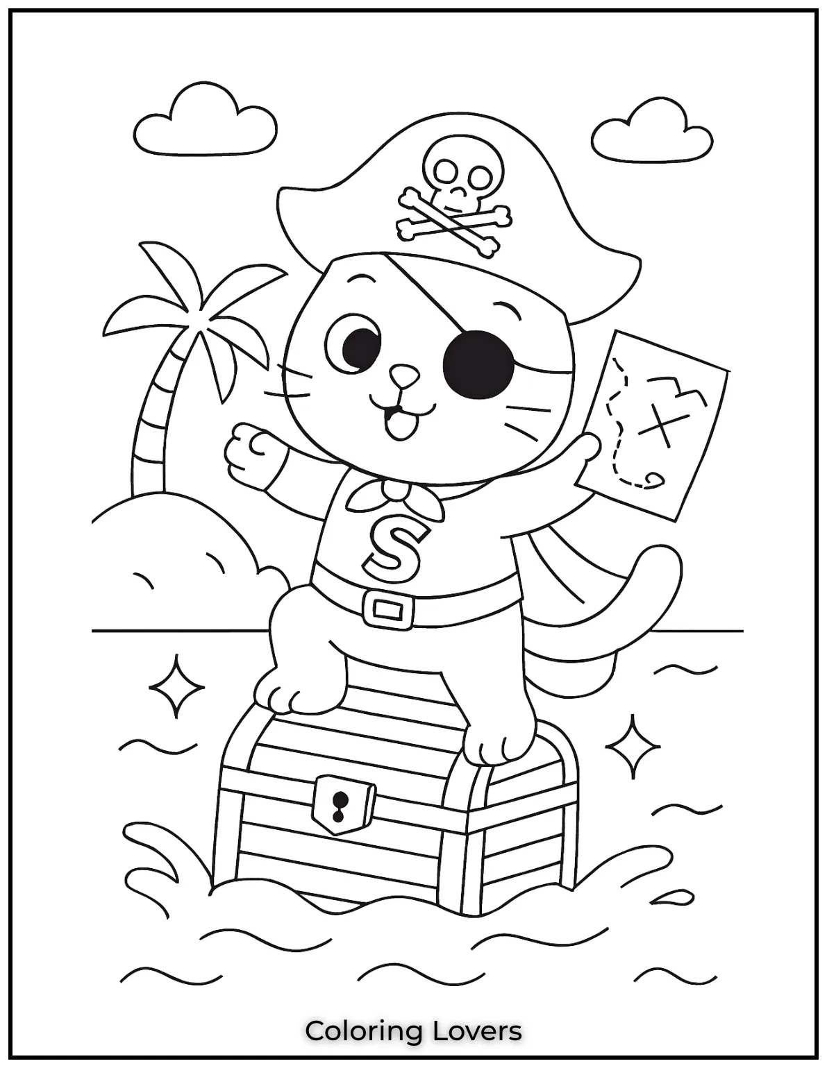 Kitten Coloring Pages – Free, Fun for Kids 42 Pirate Cat balances on treasure chest map in paw waves sparkling around. This adventurous pirate journey comes alive in a fun coloring sheet