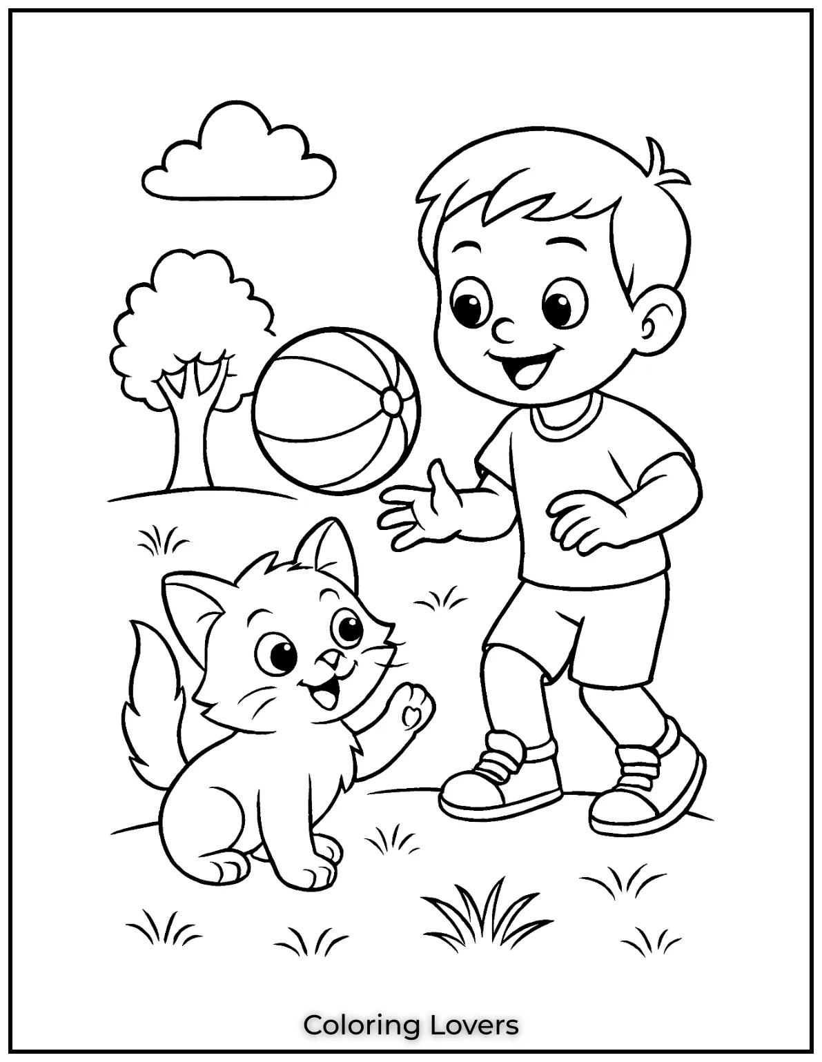 Kitten Coloring Pages – Free, Fun for Kids 24 Playful kitten and a young boy having fun with a ball in the park