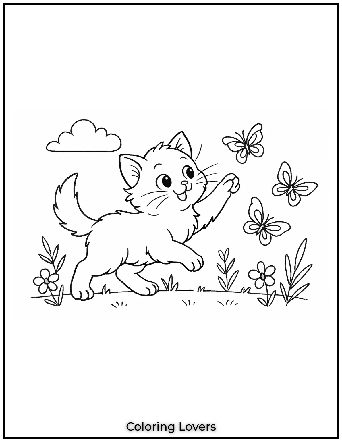 Kitten Coloring Pages – Free, Fun for Kids 7 Playful kitten chasing butterflies in a coloring sheet