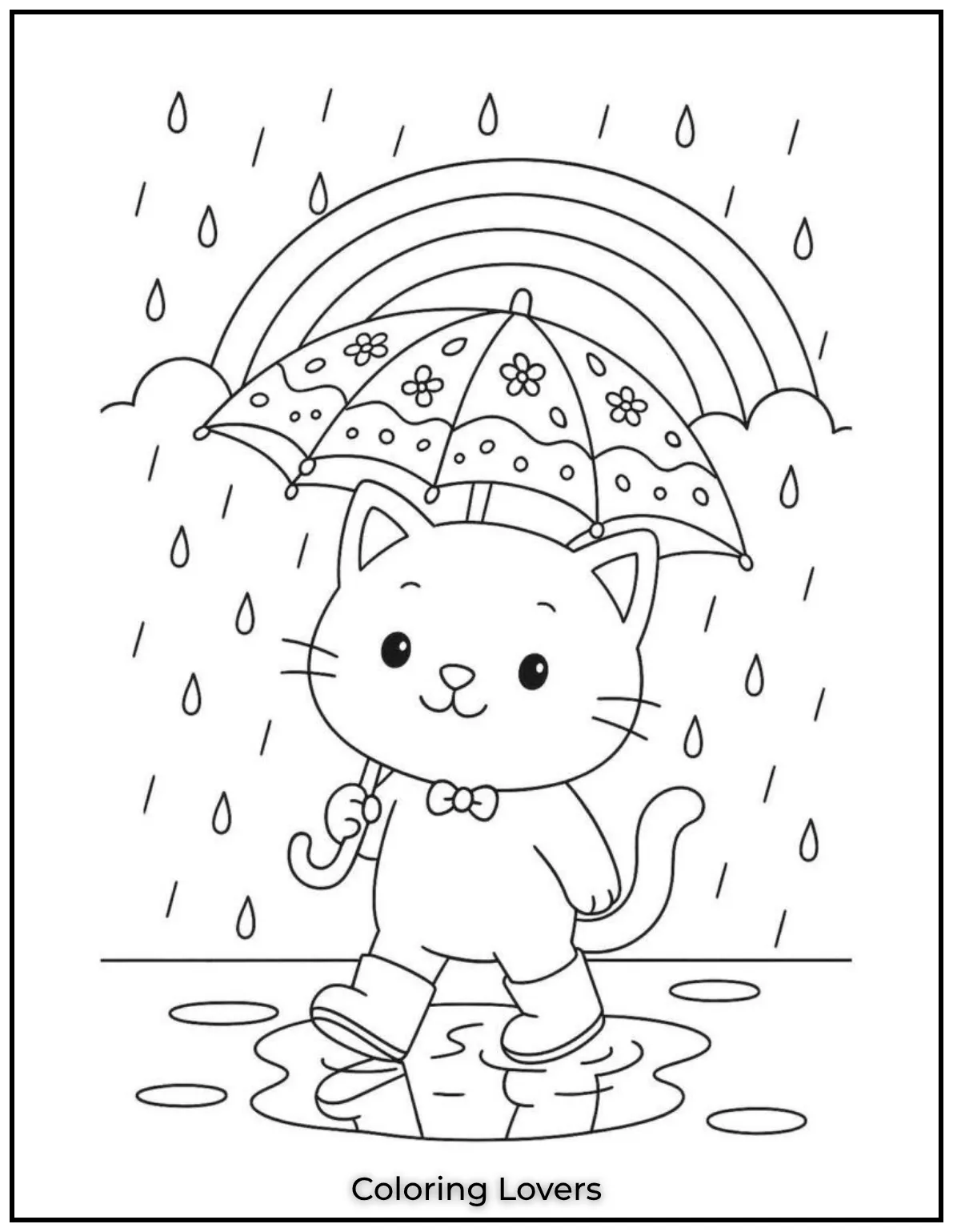 Fun and Free Cat Coloring Pages for Kids and Adults 7 Rain or shine this happy cat enjoys every moment under its little umbrella
