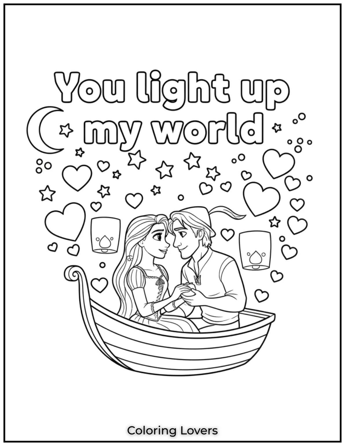 Rapunzel and Flynn light up the night in a boat sharing You light up my world. This is a magical addition to Valentines Day coloring pages