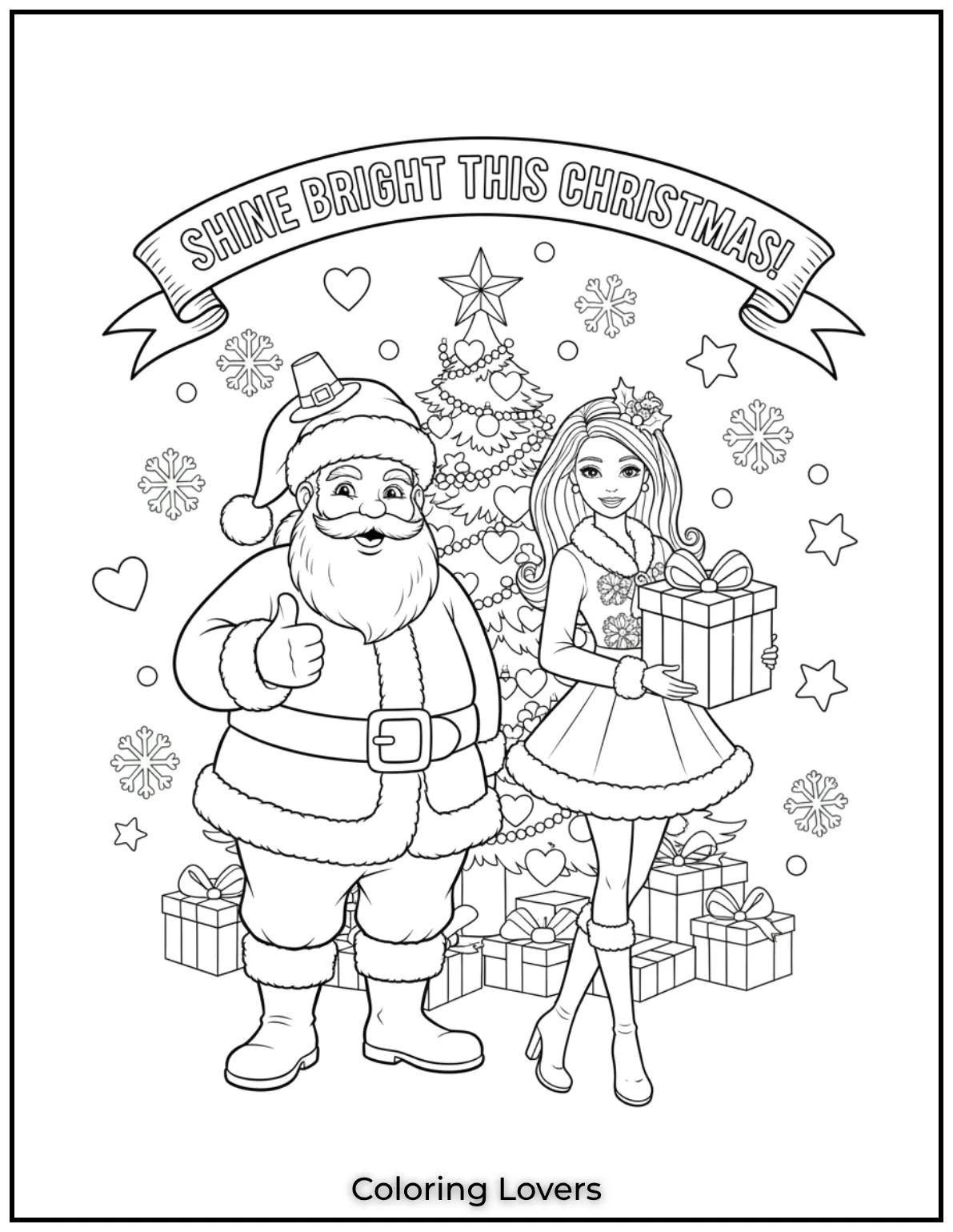 Santa Claus and Barbie shining brightly with the note Shine Bright This Christmas in a festive coloring page for girls 1