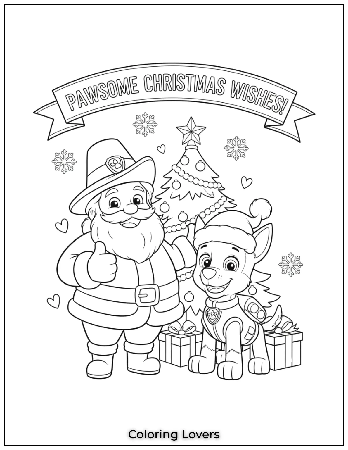 Santa Claus and Chase from Paw Patrol wishing everyone Pawsome Christmas Wishes in this cheerful coloring page for kids 1