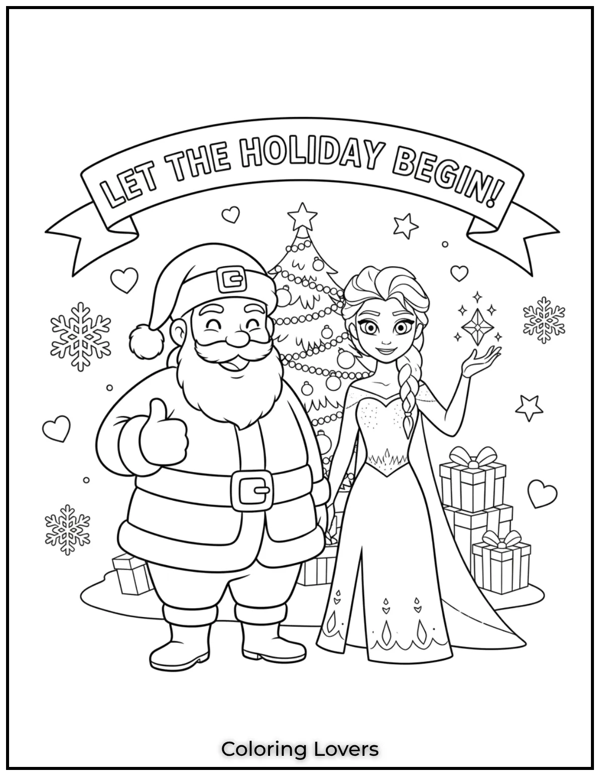 Santa Claus and Elsa from Frozen teaming up for Christmas cheer with the note Let the Holiday Begin in this magical coloring page for girls 1
