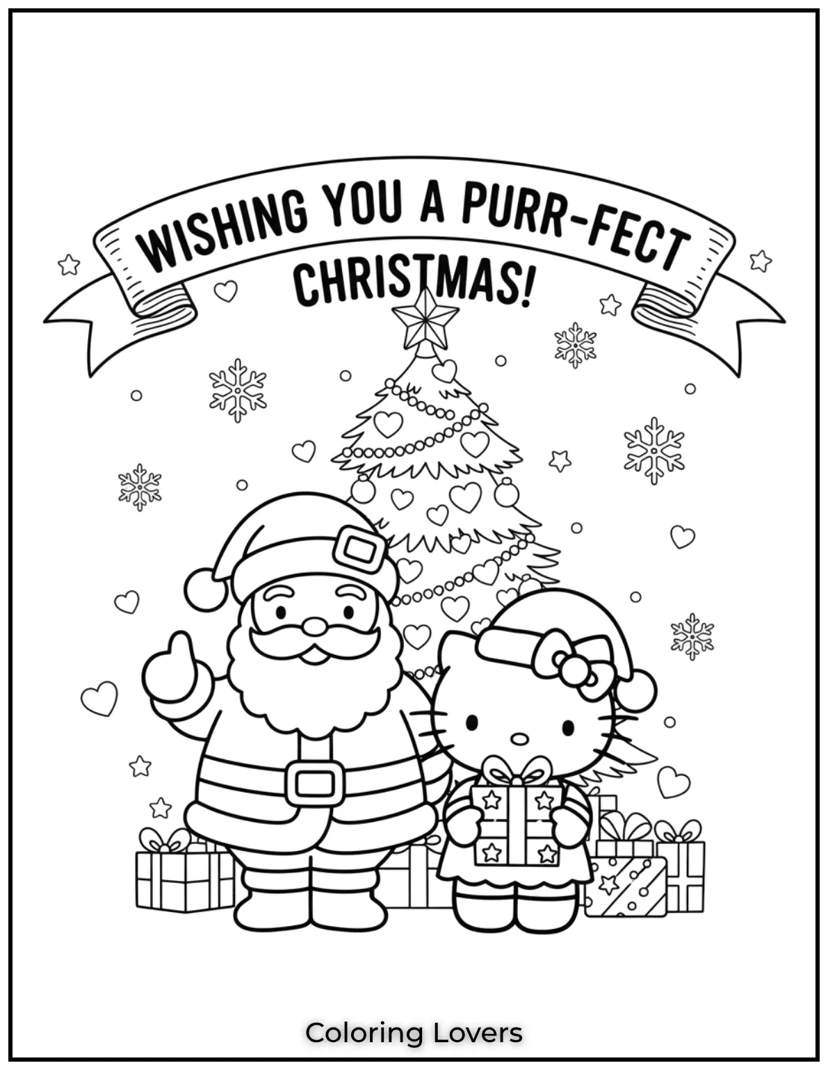 Santa Claus and Hello Kitty spreading holiday cuteness with the note Wishing You a Purr fect Christmas in this adorable coloring page 1