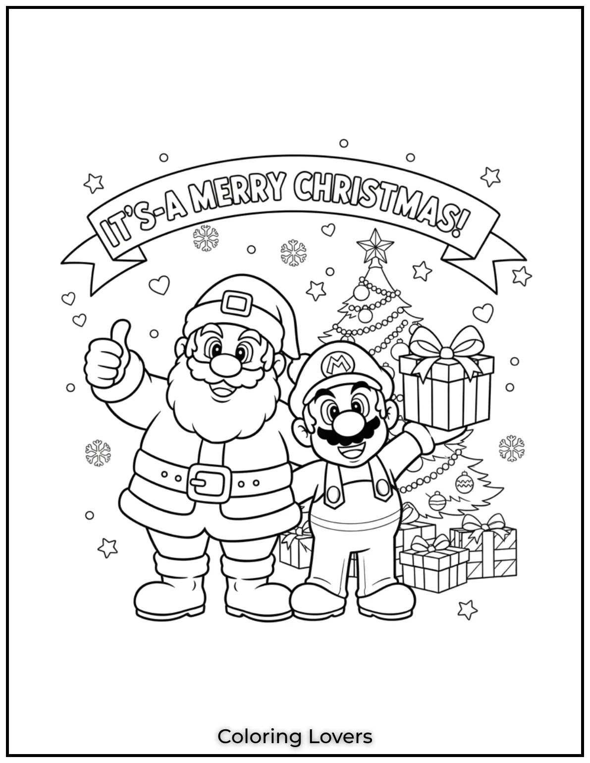 Santa Claus and Mario wishing everyone Its a Merry Christmas in this joyful coloring page for kids 1