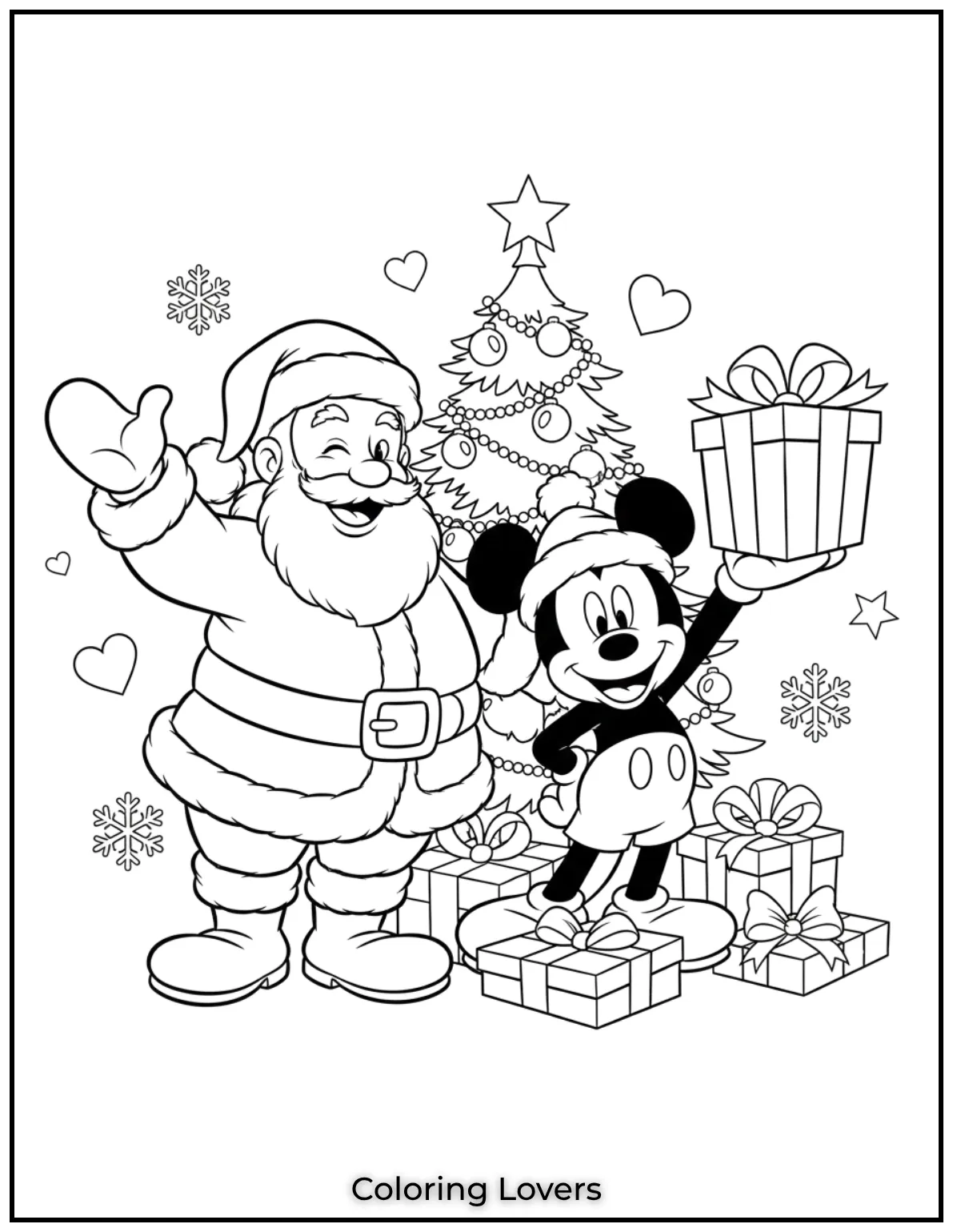 Santa Claus and Mickey Mouse sharing holiday joy with Mickey holding a present perfect for kids to color