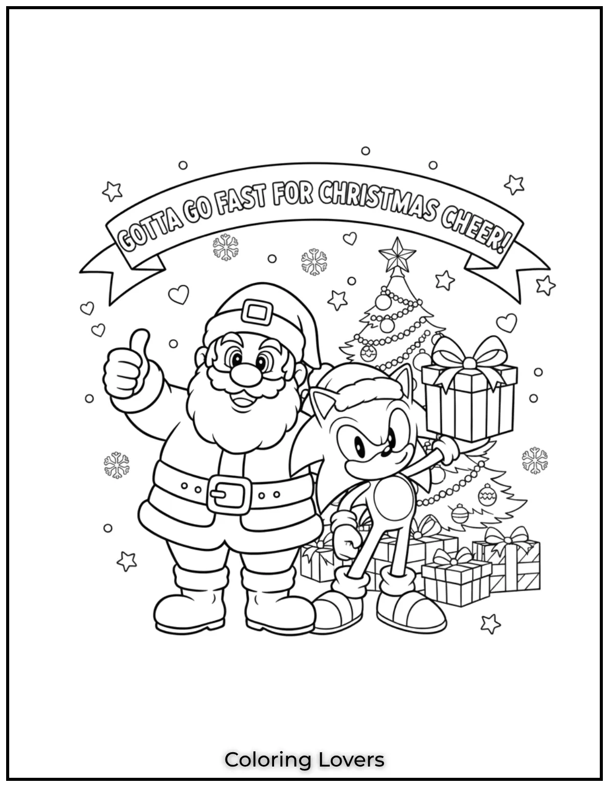 Santa Claus and Sonic the Hedgehog spreading Christmas cheer with the note Gotta Go Fast for Christmas Cheer in this energetic coloring page for kids 1