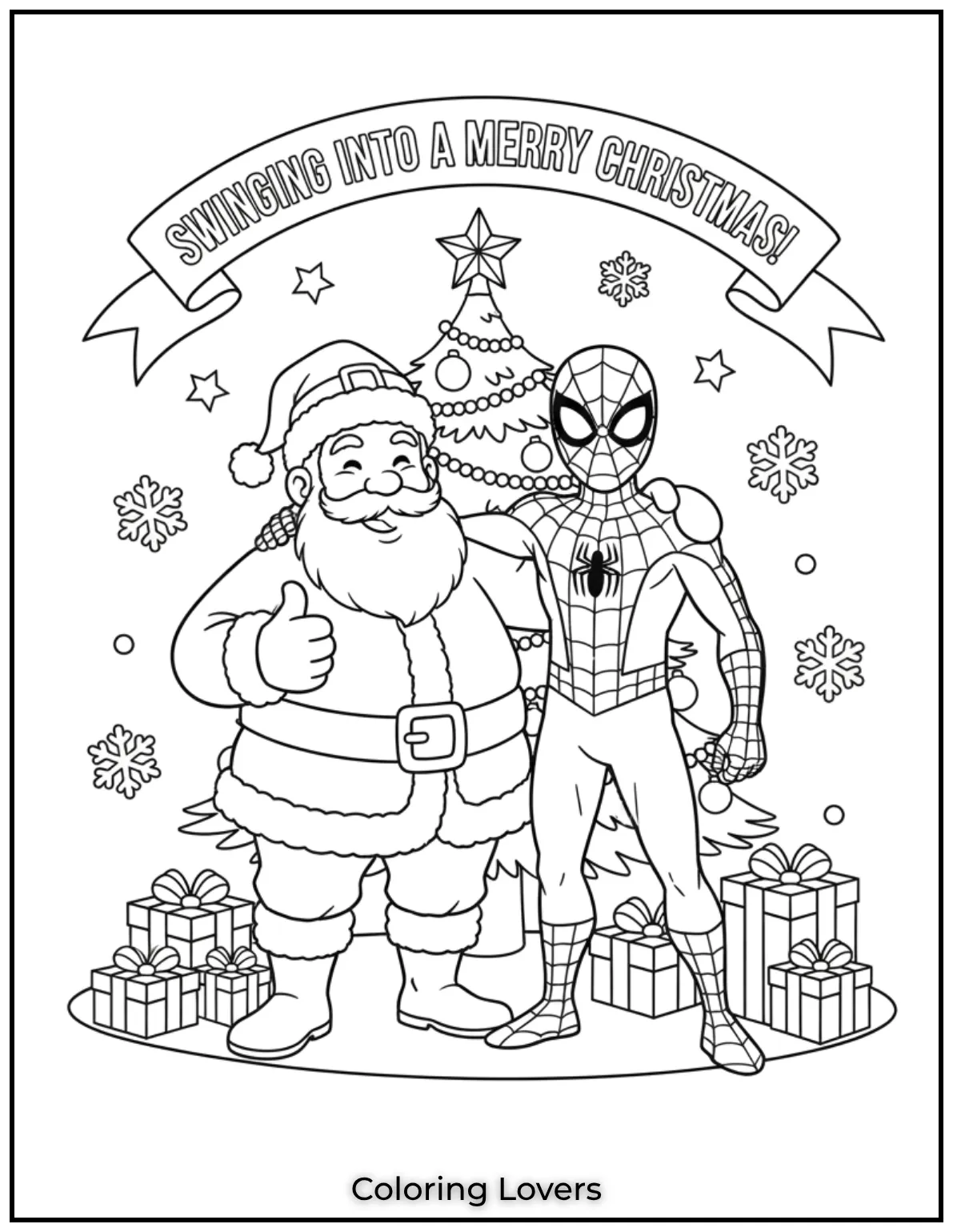 Santa Claus and Spider Man together sharing a festive moment with the note Swinging into a Merry Christmas in this fun coloring page for kids 1