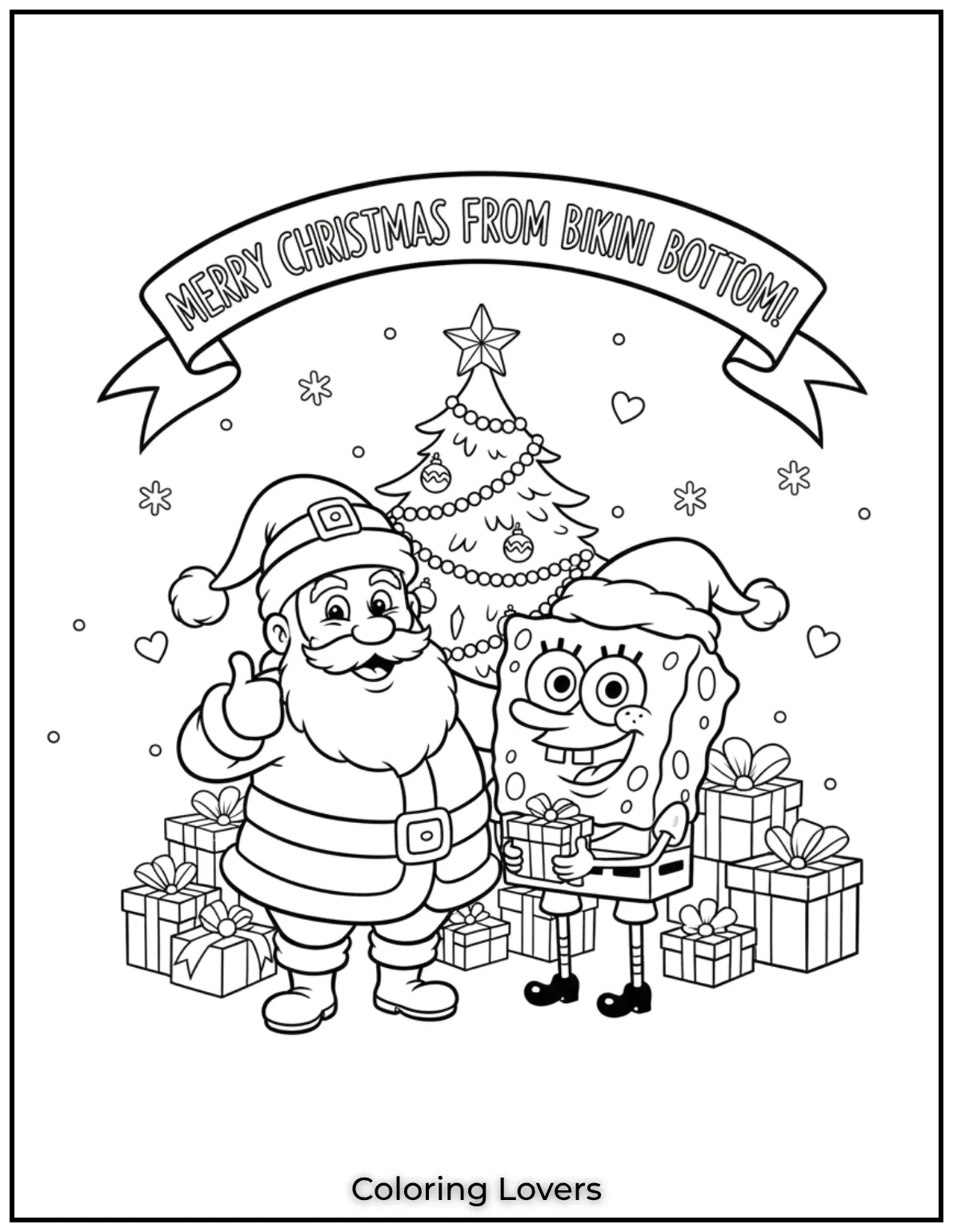 Santa Claus and SpongeBob celebrating Christmas with the message Merry Christmas from Bikini Bottom in this funny coloring page for kids 1