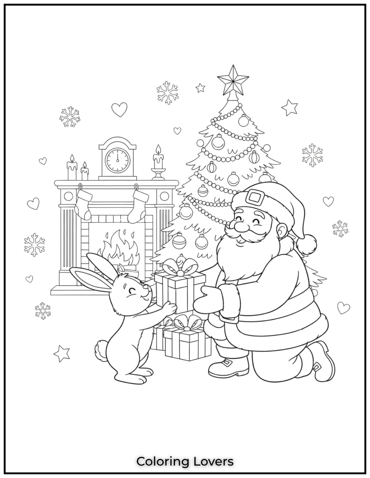 Santa and a happy bunny share a sweet moment with a gift exchange. A delightful scene to color this holiday season