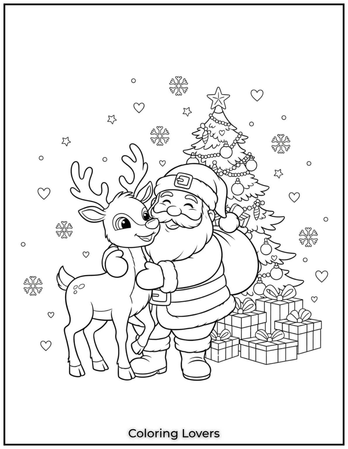 Santa and his adorable reindeer share a warm moment together. A magical scene thats ready for your creative coloring touch 1
