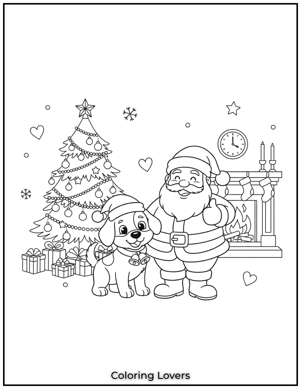 Santa and his festive dog make the cutest Christmas duo. A joyful addition to Santa Claus coloring pages for kids
