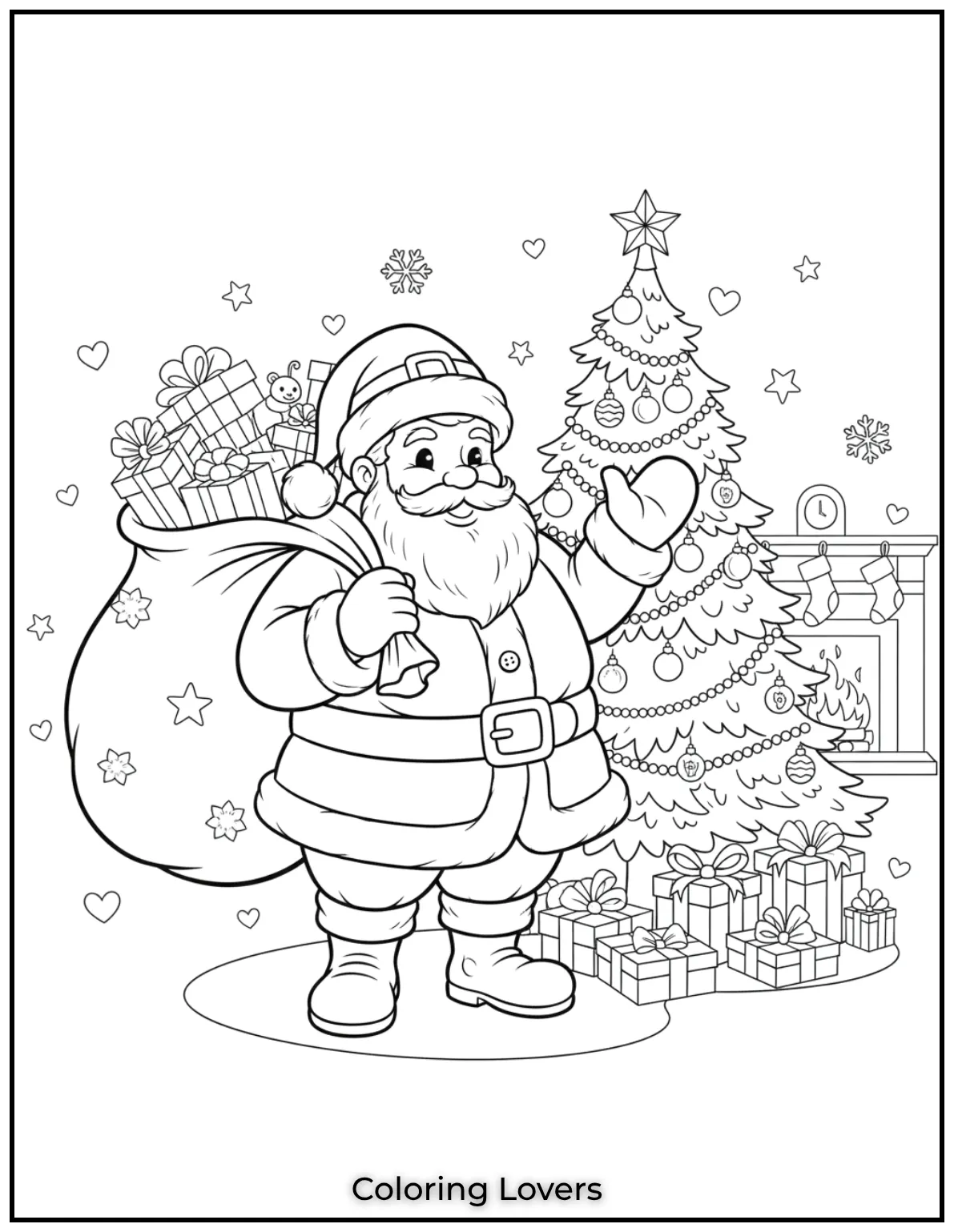 Santa carries his bag full of presents bringing joy to everyone on his Nice List. A classic Christmas scene for coloring fun 1
