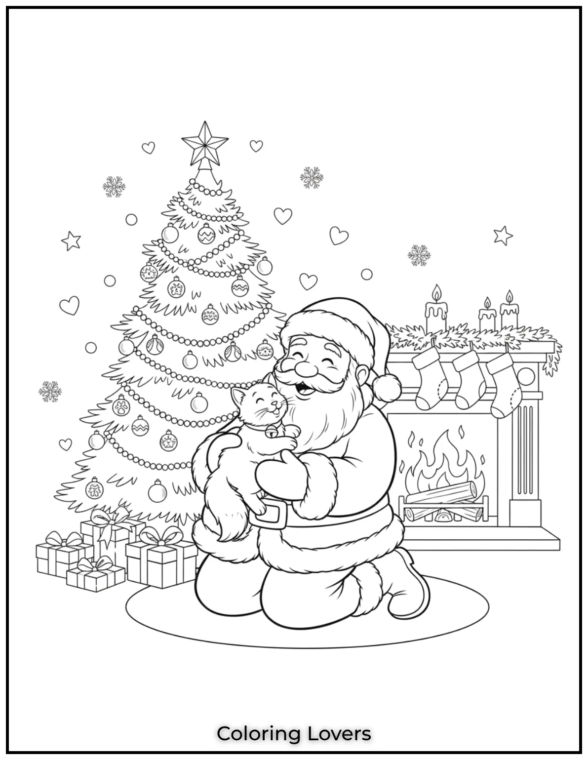 Santa cuddles a fluffy cat in this heartwarming Christmas scene. A cozy image for all Santa Claus coloring pages fans 1