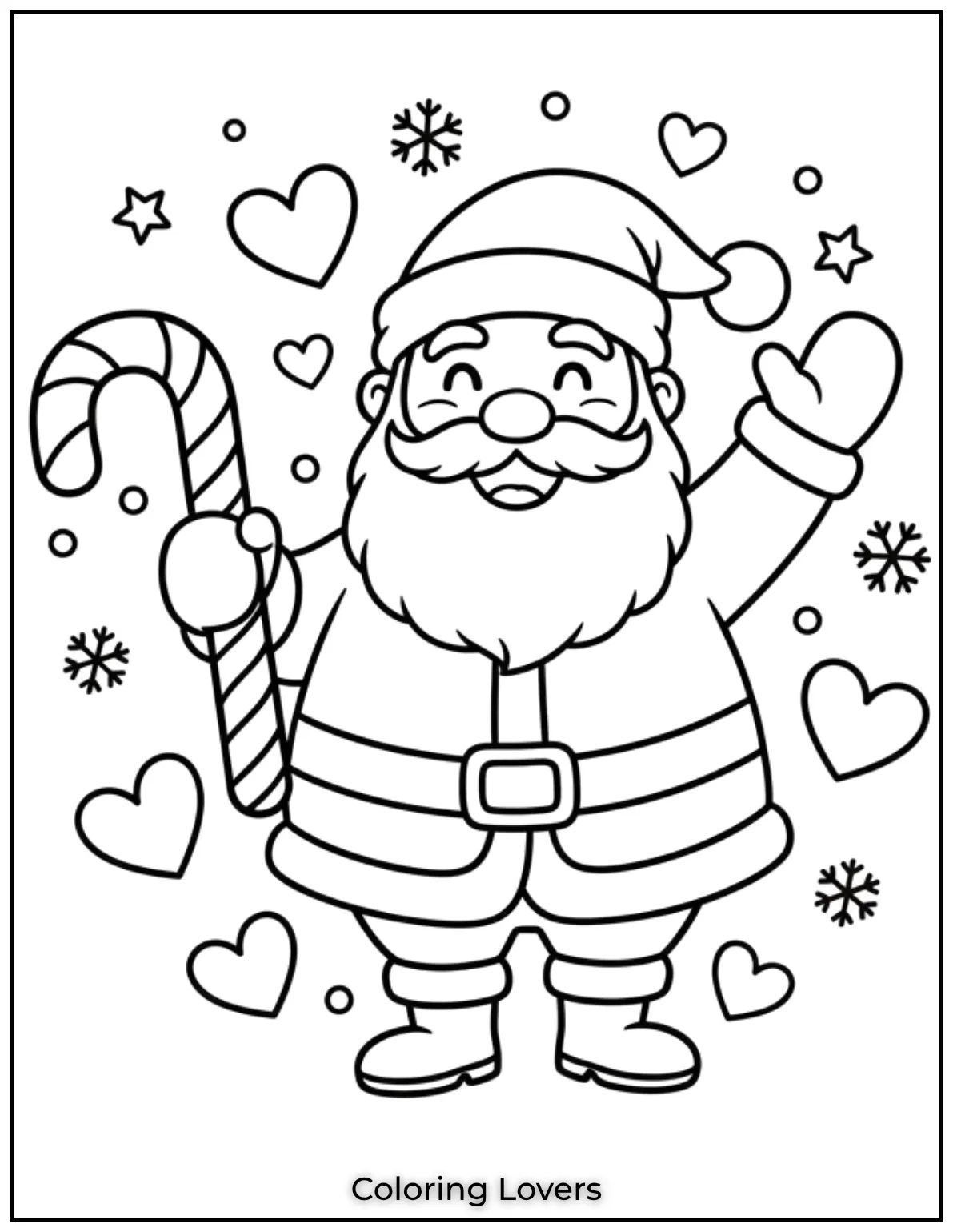 Santa holds a candy cane surrounded by hearts symbolizing love and